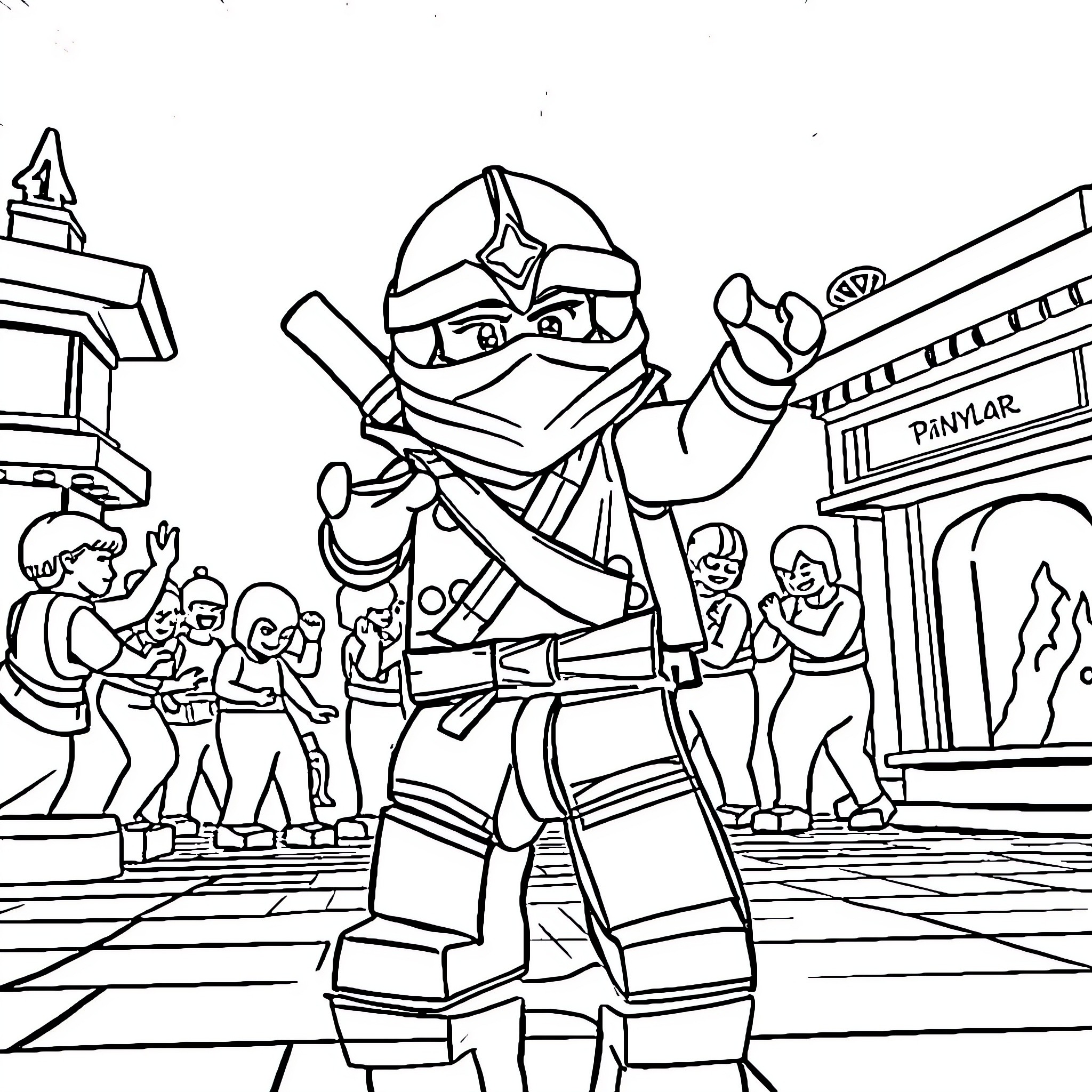 Ninjago ninja in action with crowd in the background Coloring Page (free black-and-white line drawing printable PDF for all, from beginners to advanced learners, including children, teens, adults, and seniors)
