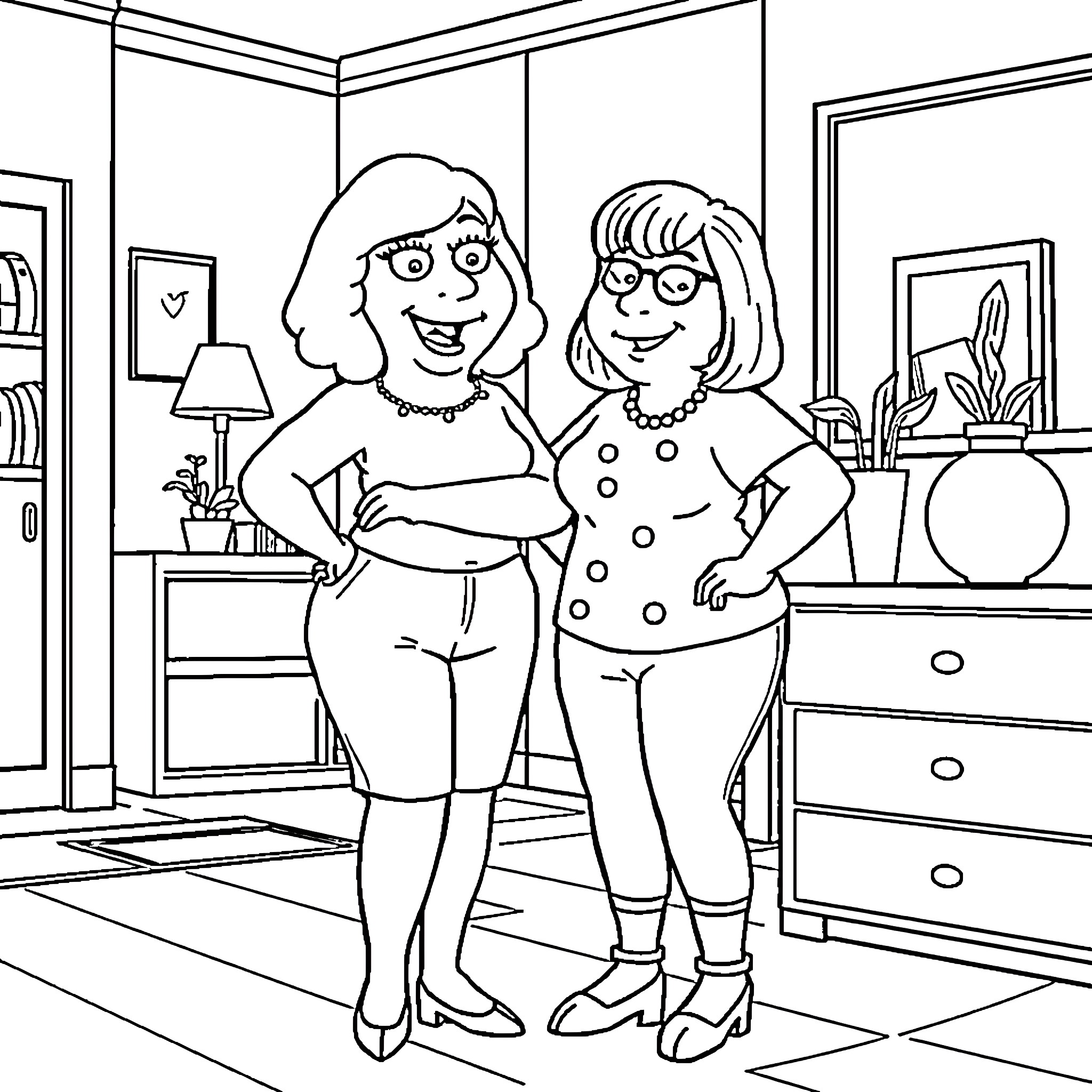 Lois and her friend happily posing in a living room Coloring Page (free black-and-white line drawing printable PDF for all, from beginners to advanced learners, including children, teens, adults, and seniors)
