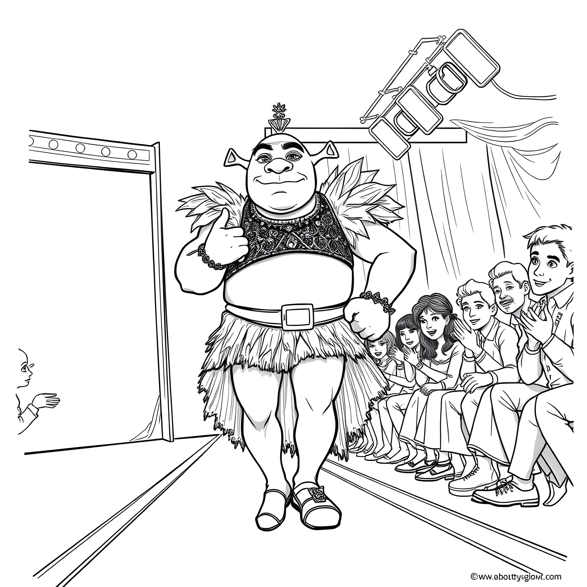 Shrek's Theatrical Performance with Onlookers Coloring Page (free black-and-white line drawing printable PDF for all, from beginners to advanced learners, including children, teens, adults, and seniors)