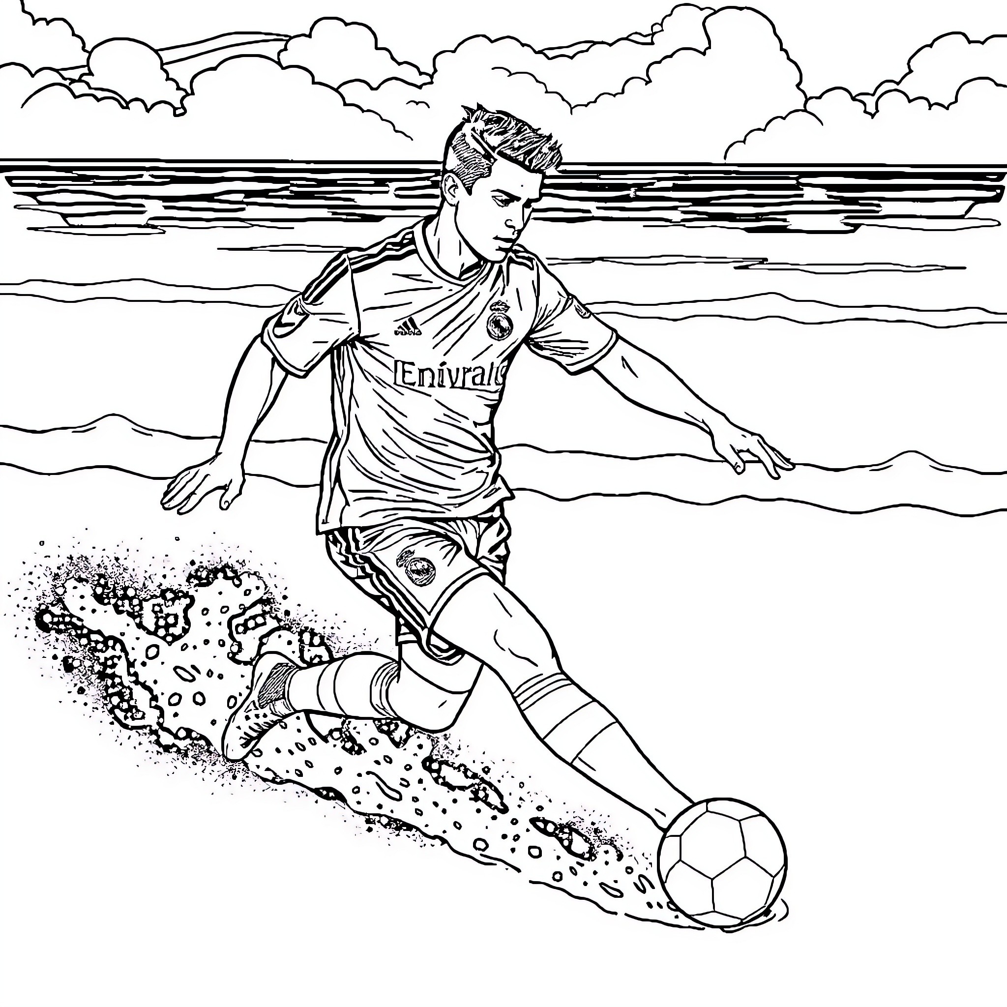 Cristiano Ronaldo playing soccer on the beach Coloring Page (free black-and-white line drawing printable PDF for all, from beginners to advanced learners, including children, teens, adults, and seniors)
