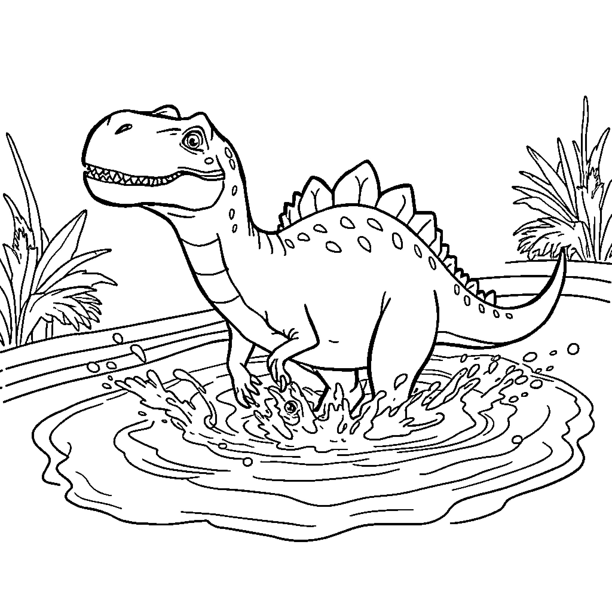 Dinosaur splashing in the water playfully Coloring Page (free black-and-white line drawing printable PDF for all, from beginners to advanced learners, including children, teens, adults, and seniors)
