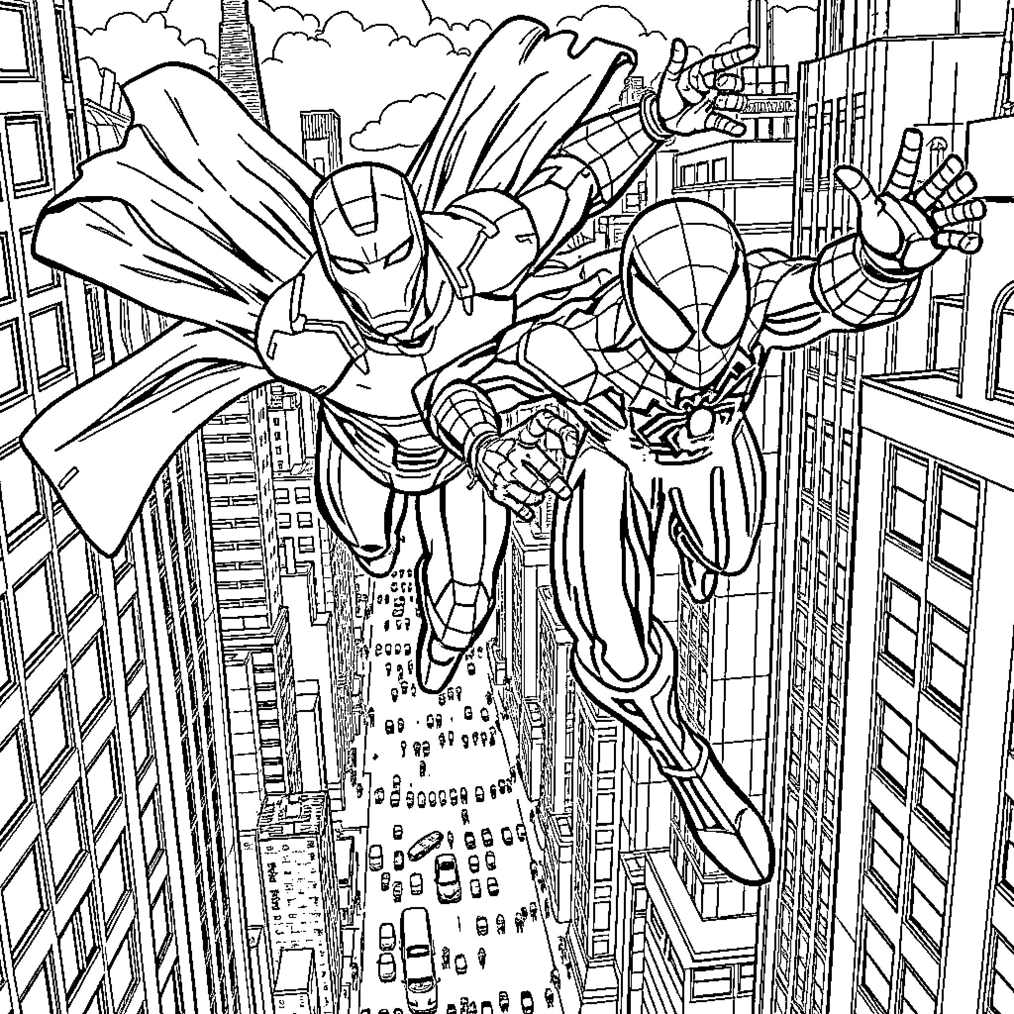 Ironman and Spiderman heroically flying over the city Coloring Page (free black-and-white line drawing printable PDF for all, from beginners to advanced learners, including children, teens, adults, and seniors)