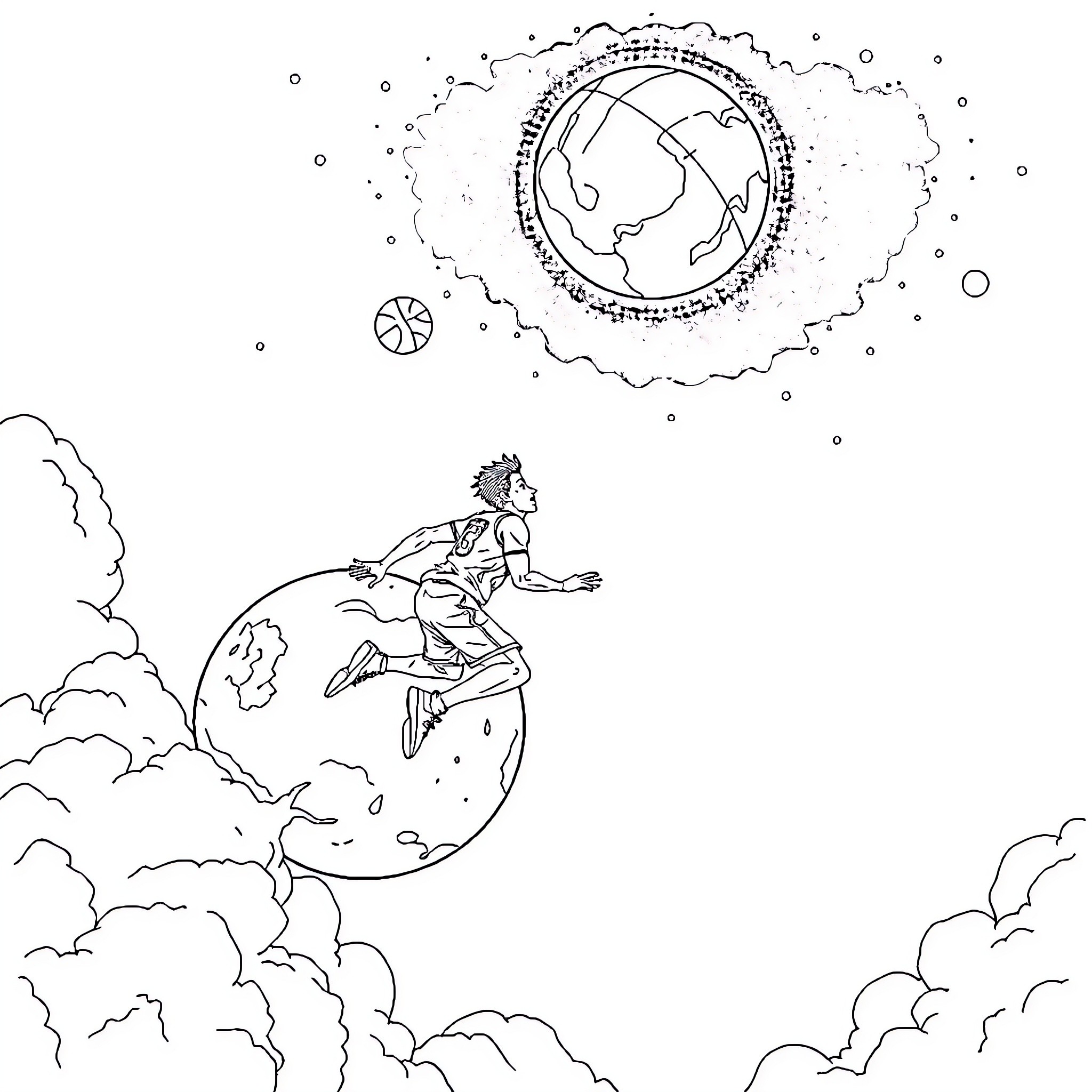 Basketball Player Dribbling Through the Clouds Coloring Page (free black-and-white line drawing printable PDF for all, from beginners to advanced learners, including children, teens, adults, and seniors)
