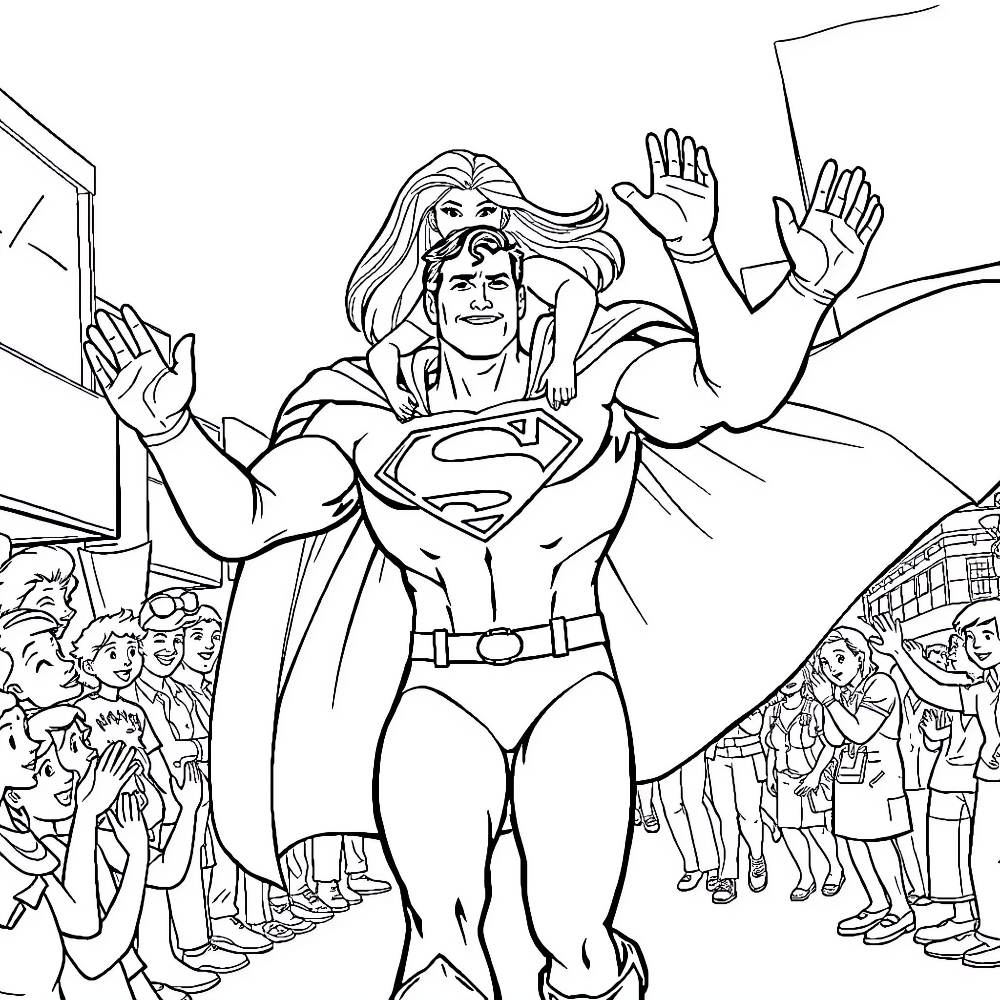 Superman Saving the Day with Heroic Pose Coloring Page (free black-and-white line drawing printable PDF for all, from beginners to advanced learners, including children, teens, adults, and seniors)