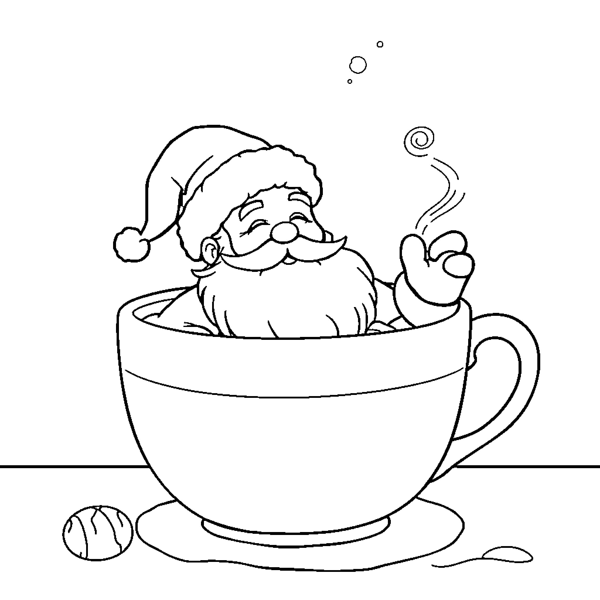 Santa relaxing in a warm cup of cocoa Coloring Page (free black-and-white line drawing printable PDF for all, from beginners to advanced learners, including children, teens, adults, and seniors)