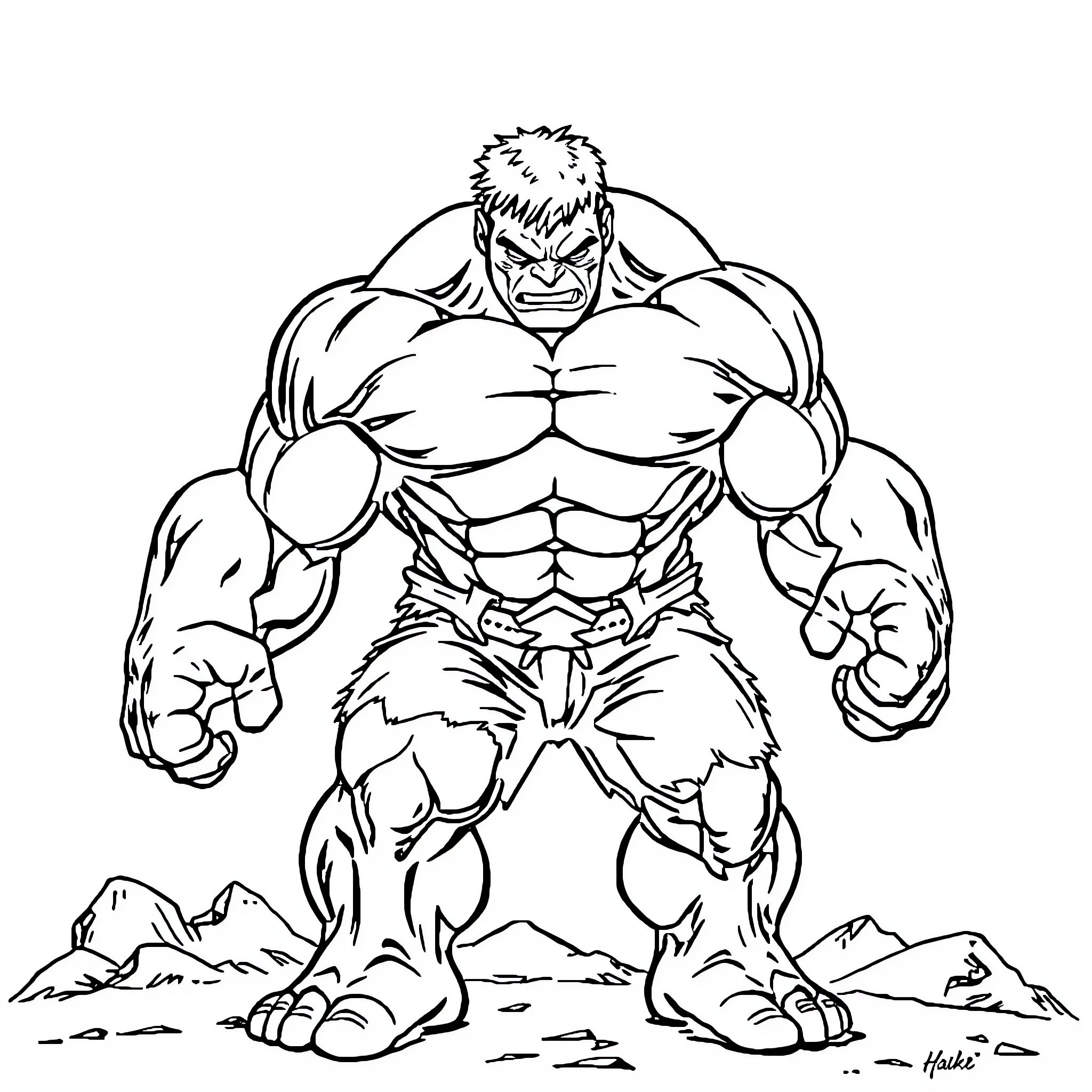 Hulk charging up in a rugged outdoor setting Coloring Page (free black-and-white line drawing printable PDF for all, from beginners to advanced learners, including children, teens, adults, and seniors)