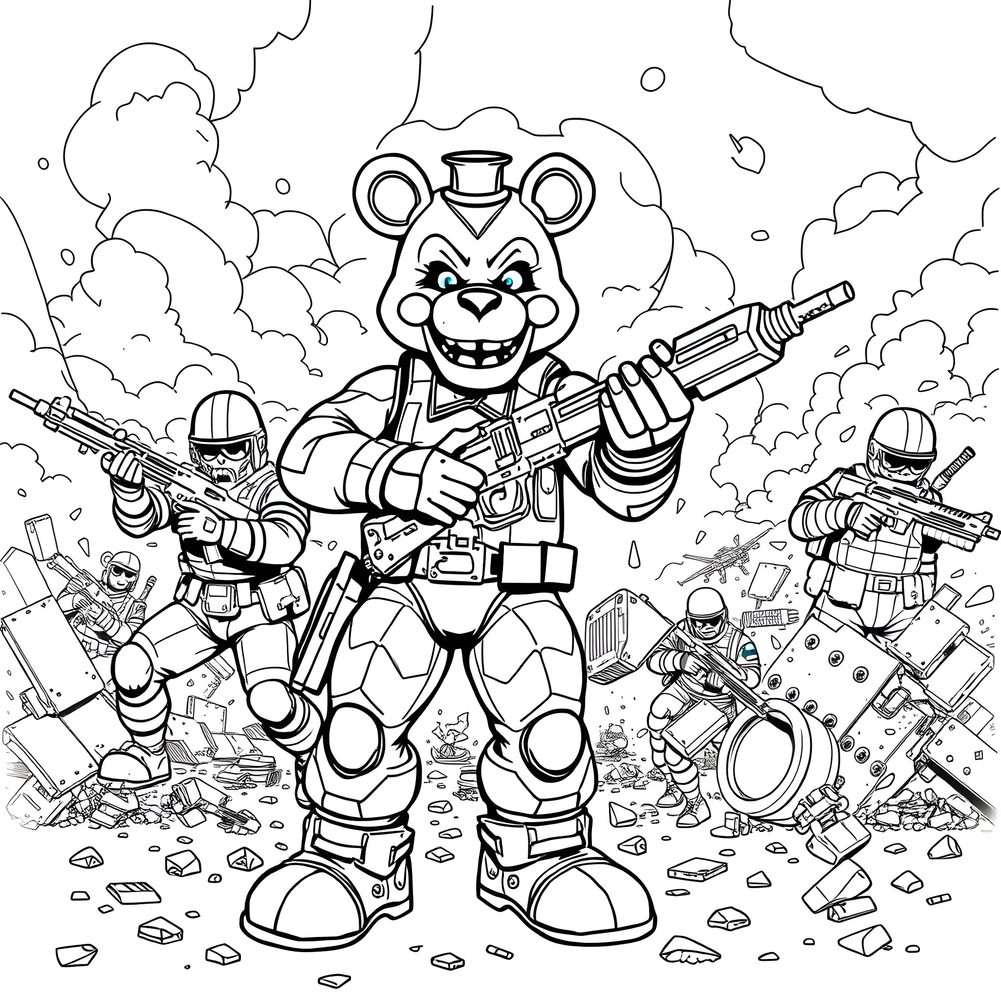 Freddy Fazbear's Chaotic Battle Scene Coloring Page (free black-and-white line drawing printable PDF for all, from beginners to advanced learners, including children, teens, adults, and seniors)
