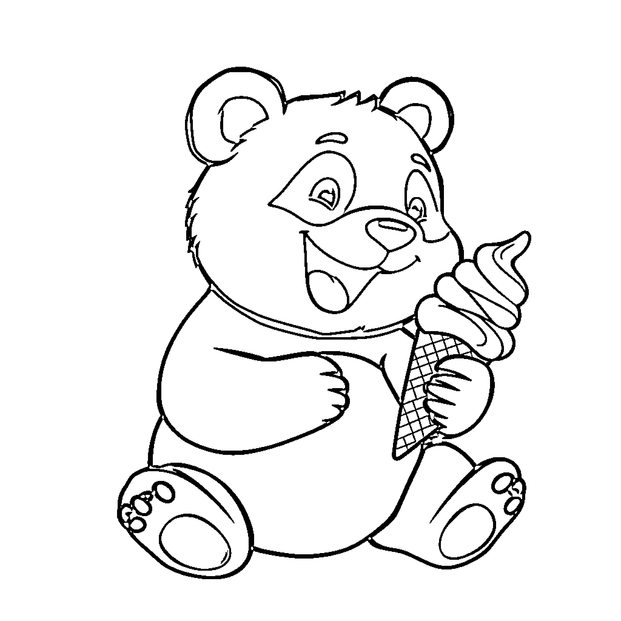 Panda enjoying ice cream cone Coloring Page (free black-and-white line drawing printable PDF for all, from beginners to advanced learners, including children, teens, adults, and seniors)