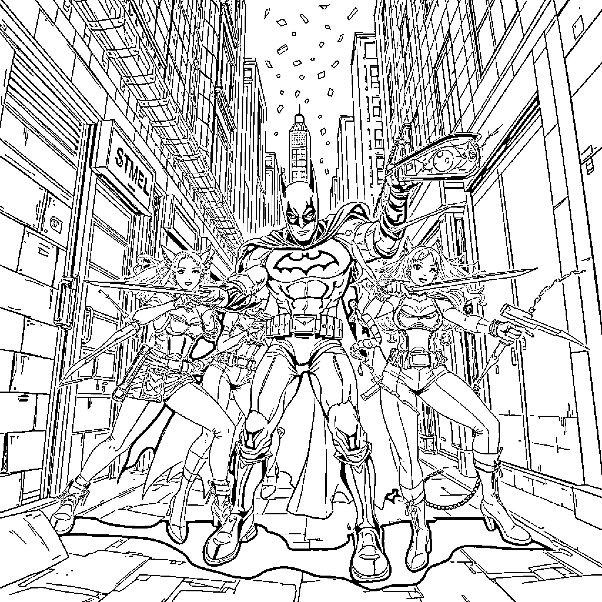 Demon Hunter Battles Alongside Allies in Cityscape Coloring Page (free black-and-white line drawing printable PDF for all, from beginners to advanced learners, including children, teens, adults, and seniors)