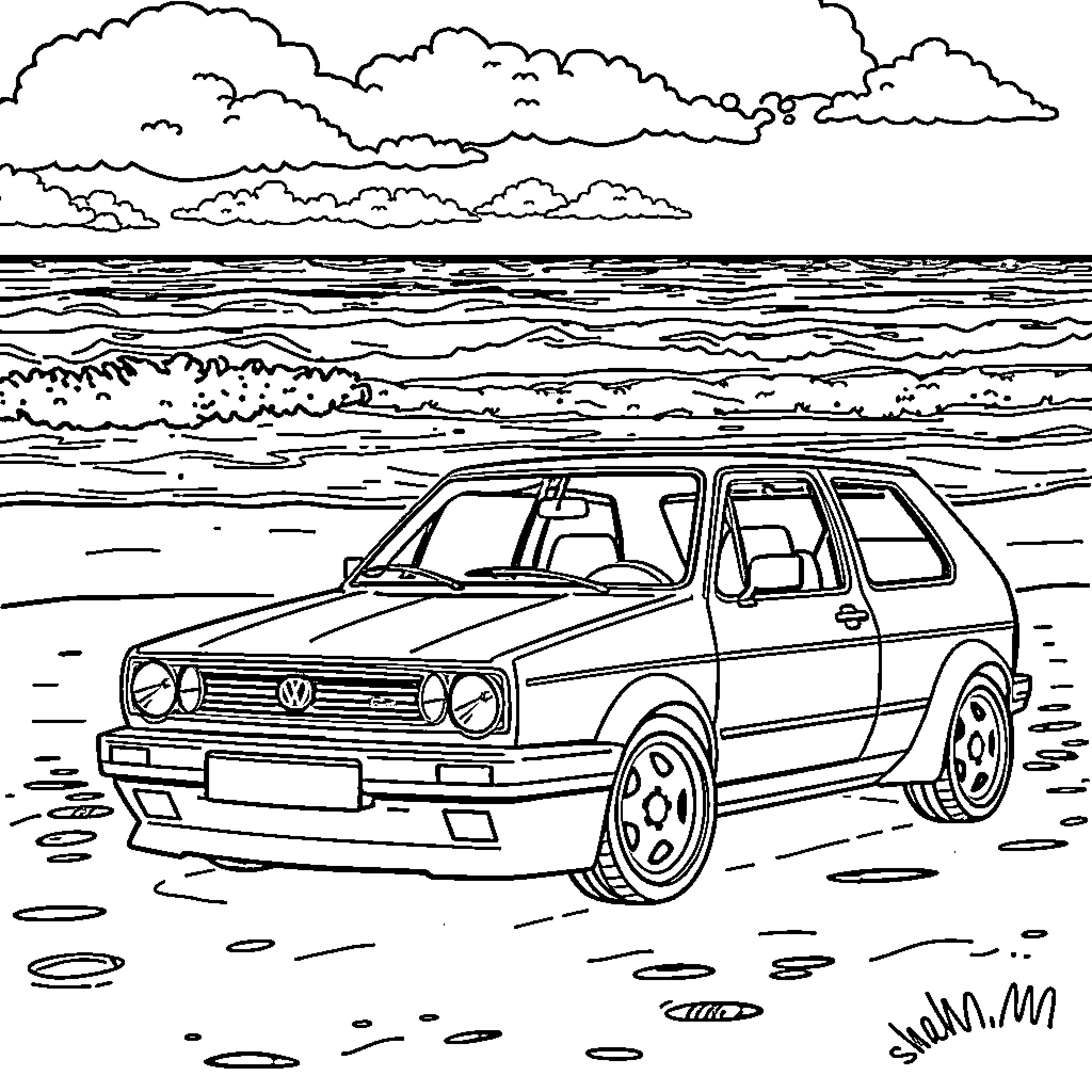 Golf car driving along the beach Coloring Page (free black-and-white line drawing printable PDF for all, from beginners to advanced learners, including children, teens, adults, and seniors)