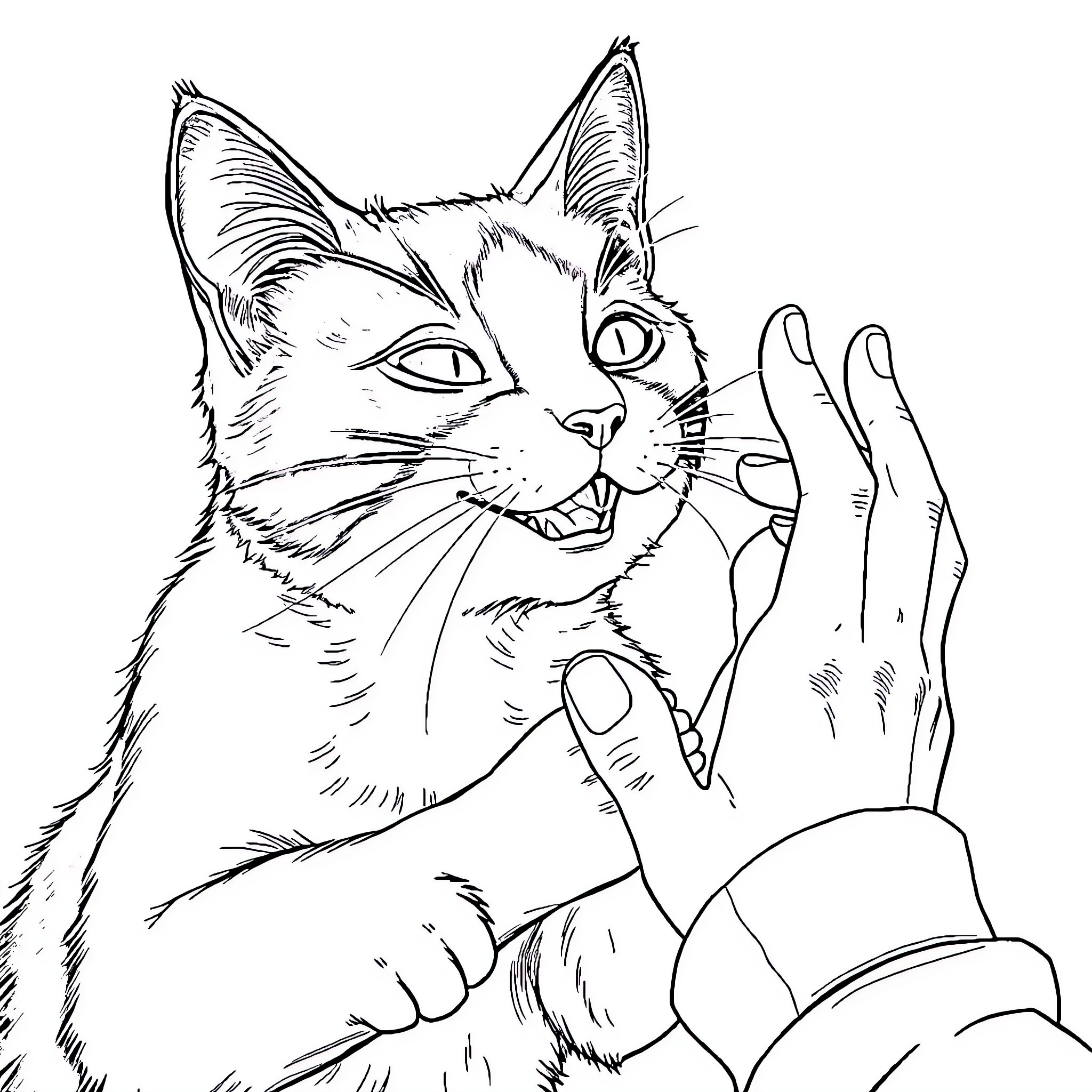 Cat gesturing playfully with paws Coloring Page (free black-and-white line drawing printable PDF for all, from beginners to advanced learners, including children, teens, adults, and seniors)