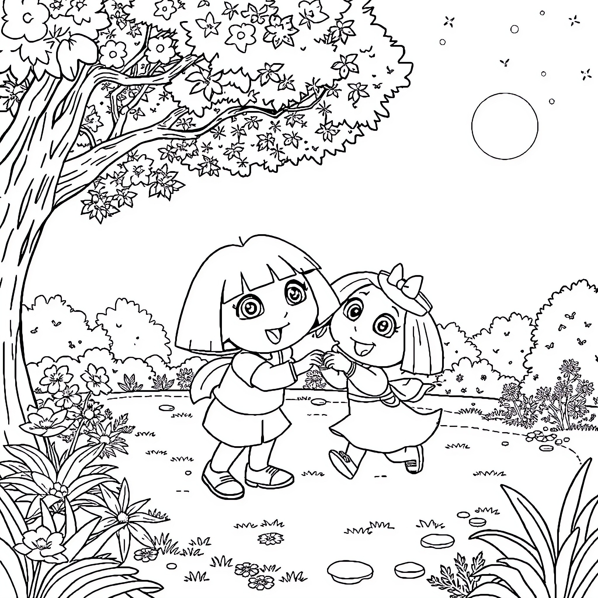 Dora and friends exploring the nature together Coloring Page (free black-and-white line drawing printable PDF for all, from beginners to advanced learners, including children, teens, adults, and seniors)