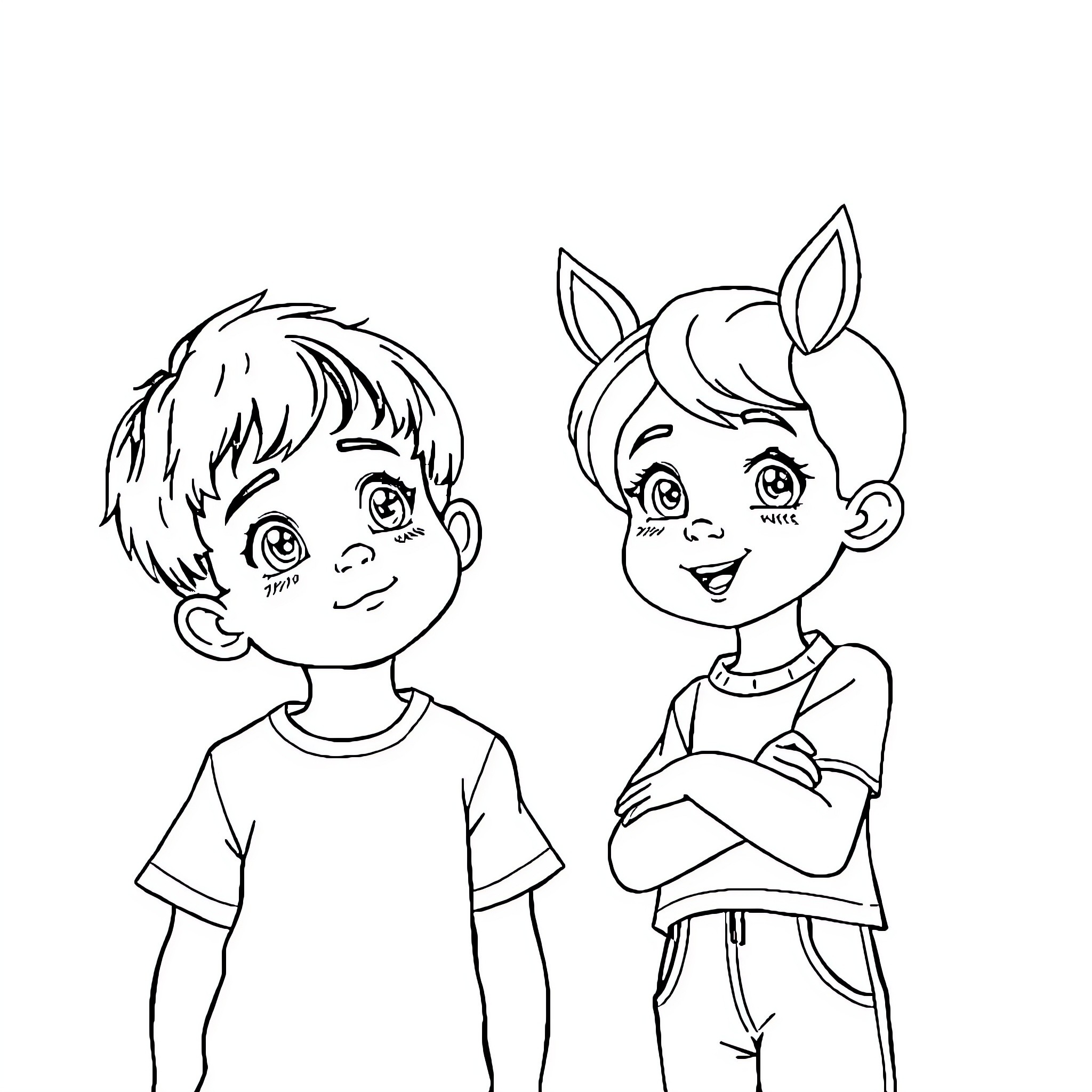 Children playing and smiling together Coloring Page (free black-and-white line drawing printable PDF for all, from beginners to advanced learners, including children, teens, adults, and seniors)