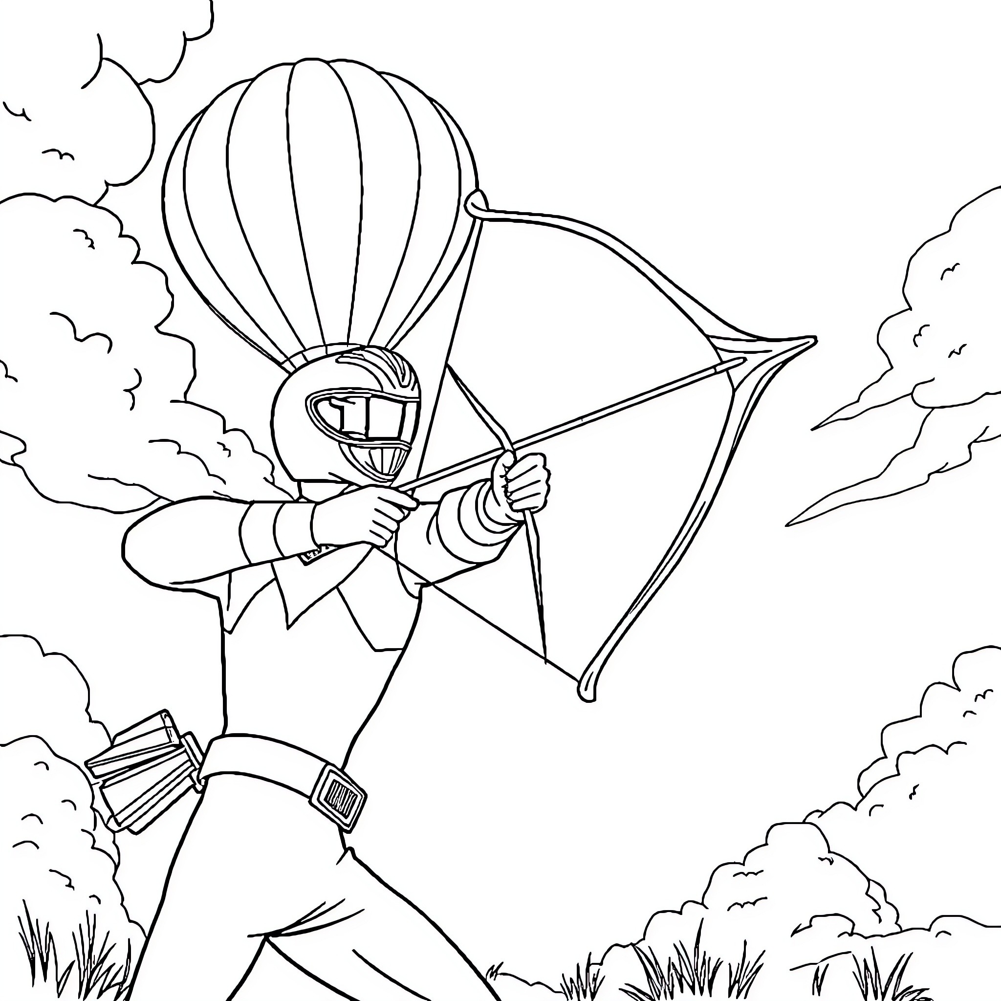 Power Ranger Firing Bow and Arrow in Action Scene Coloring Page (free black-and-white line drawing printable PDF for all, from beginners to advanced learners, including children, teens, adults, and seniors)