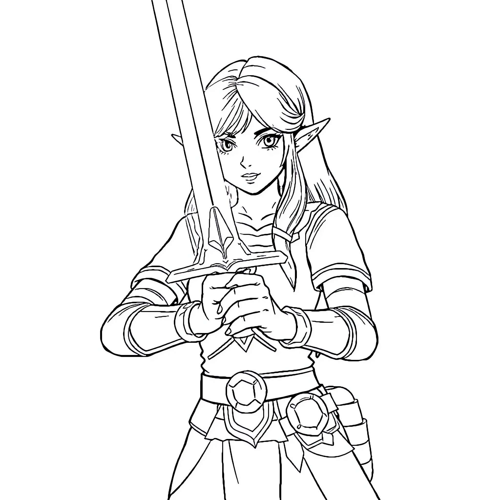 Zelda preparing for battle with sword and shield Coloring Page (free black-and-white line drawing printable PDF for all, from beginners to advanced learners, including children, teens, adults, and seniors)
