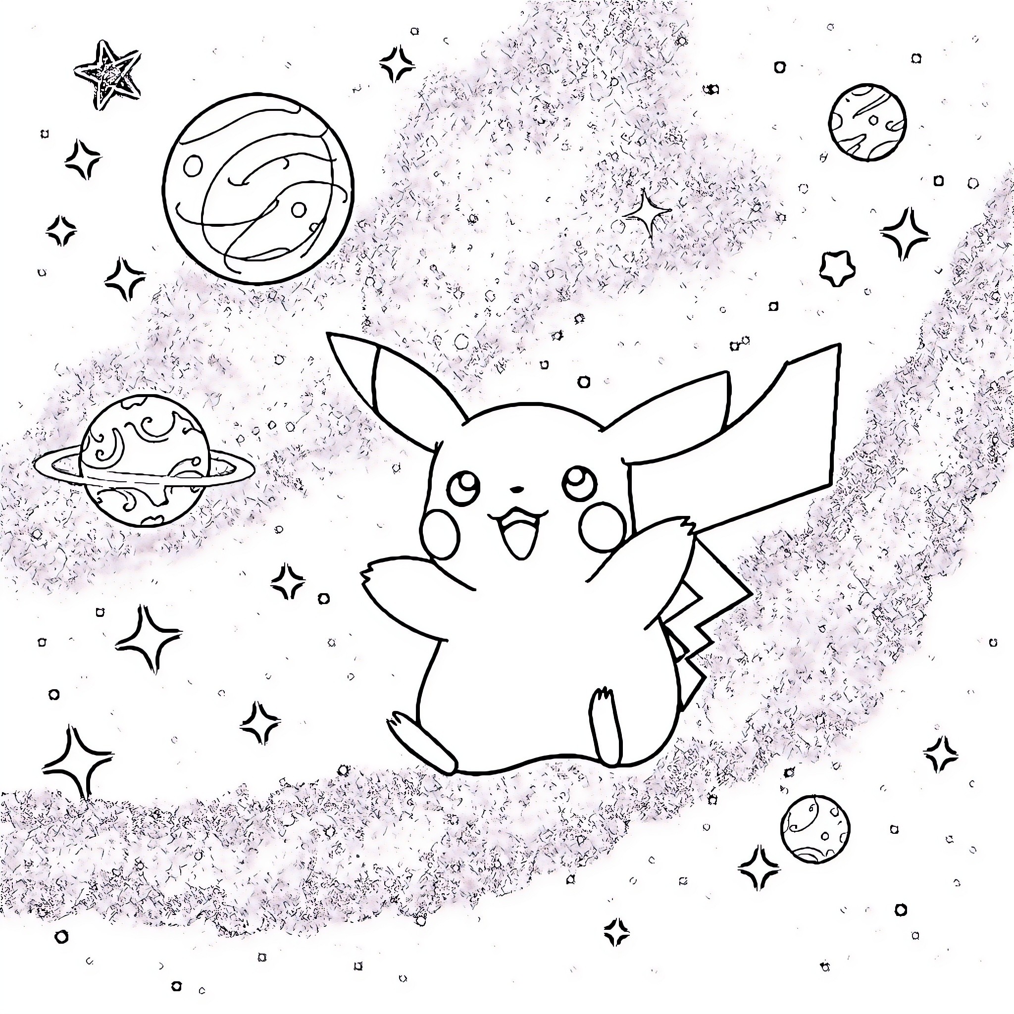 Pikachu exploring the cosmic universe Coloring Page (free black-and-white line drawing printable PDF for all, from beginners to advanced learners, including children, teens, adults, and seniors)