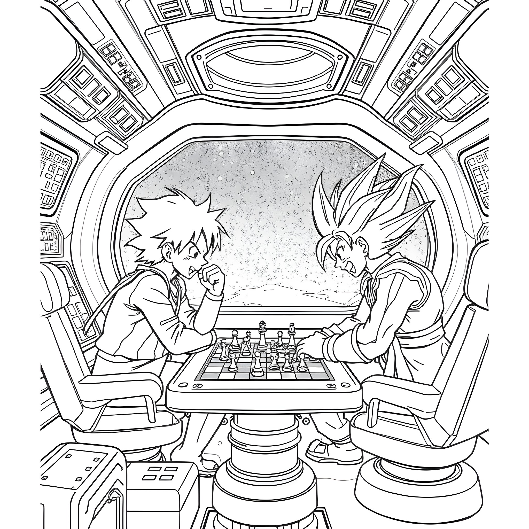 Luffy Challenging an Opponent to a Chess Match Coloring Page (free black-and-white line drawing printable PDF for all, from beginners to advanced learners, including children, teens, adults, and seniors)