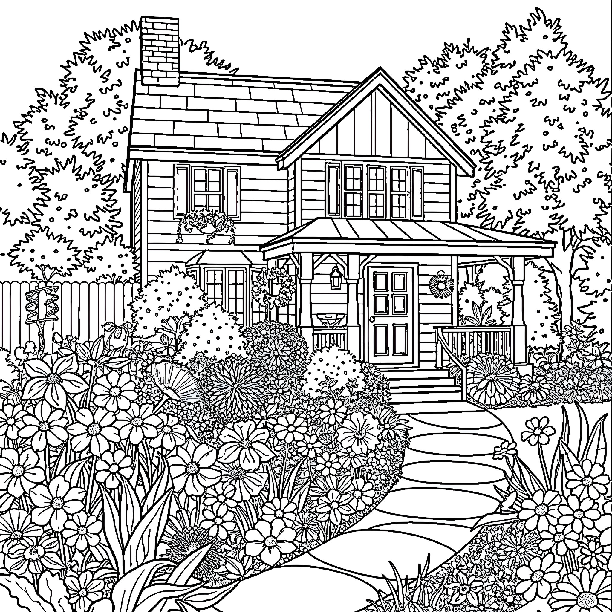 Garden of a Cozy Cottage in Bloom Coloring Page (free black-and-white line drawing printable PDF for all, from beginners to advanced learners, including children, teens, adults, and seniors)