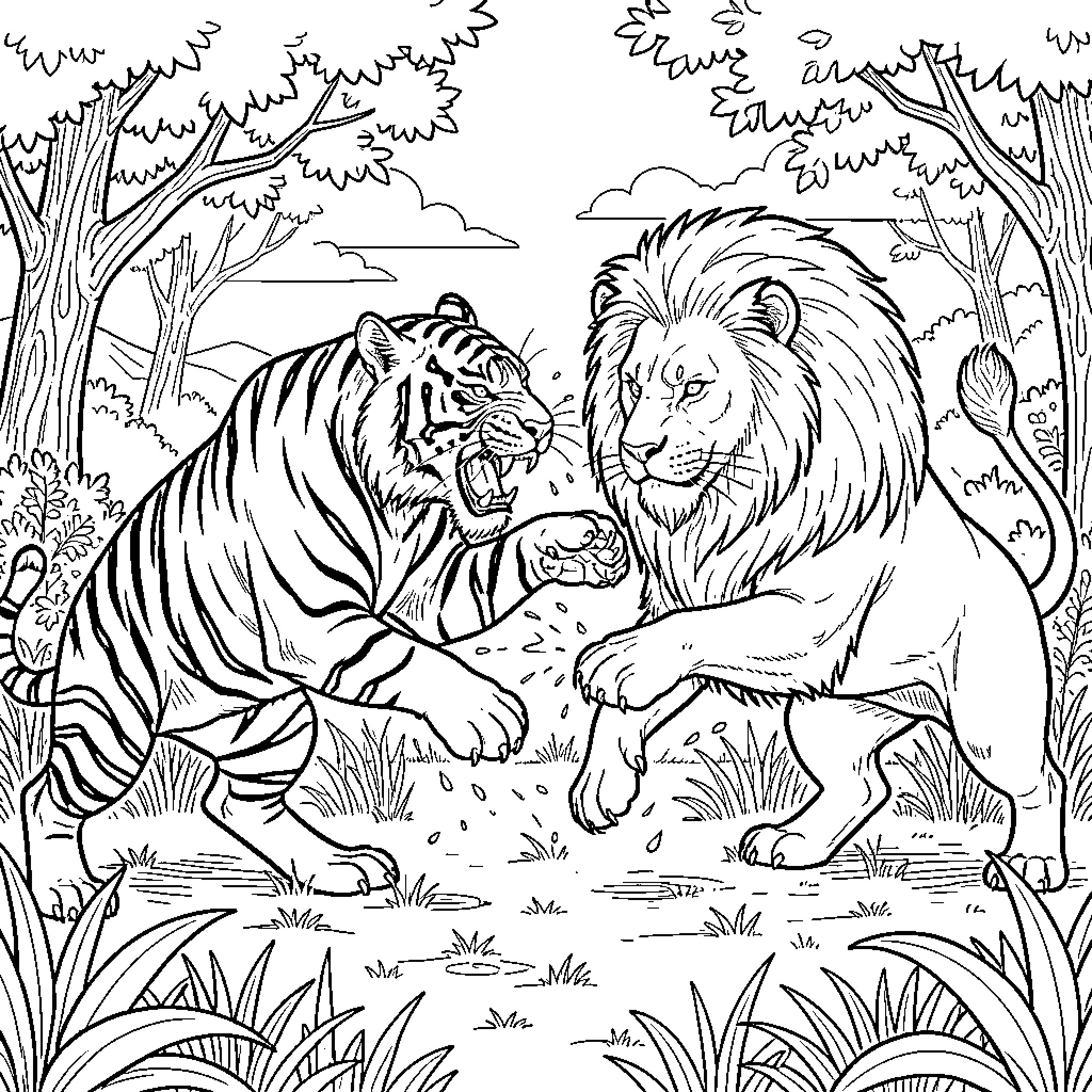 Tiger and Lion in the Jungle Coloring Page (free black-and-white line drawing printable PDF for all, from beginners to advanced learners, including children, teens, adults, and seniors)
