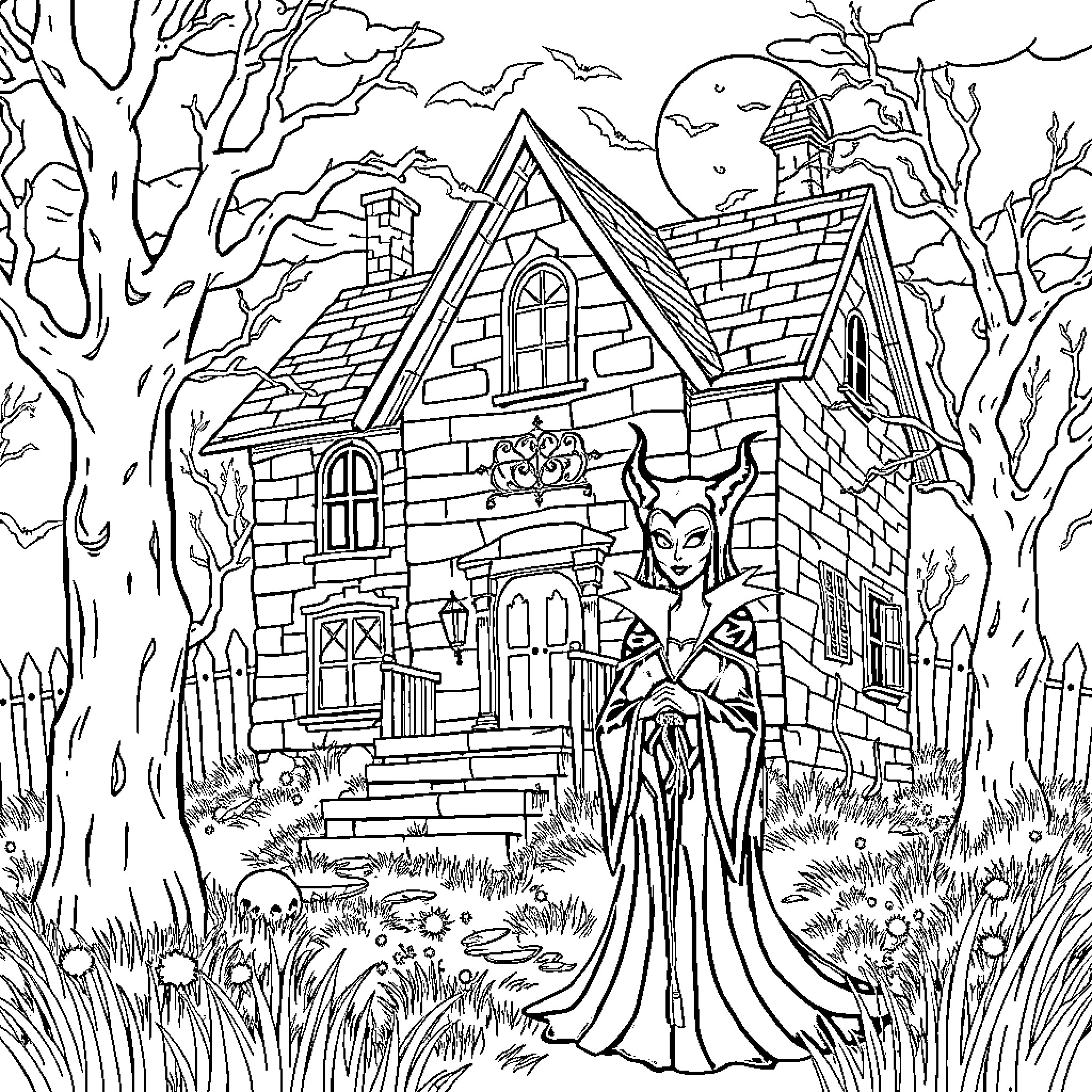 Dracula's Haunting Abode: A Gothic Mansion in the Mist Coloring Page (free black-and-white line drawing printable PDF for all, from beginners to advanced learners, including children, teens, adults, and seniors)