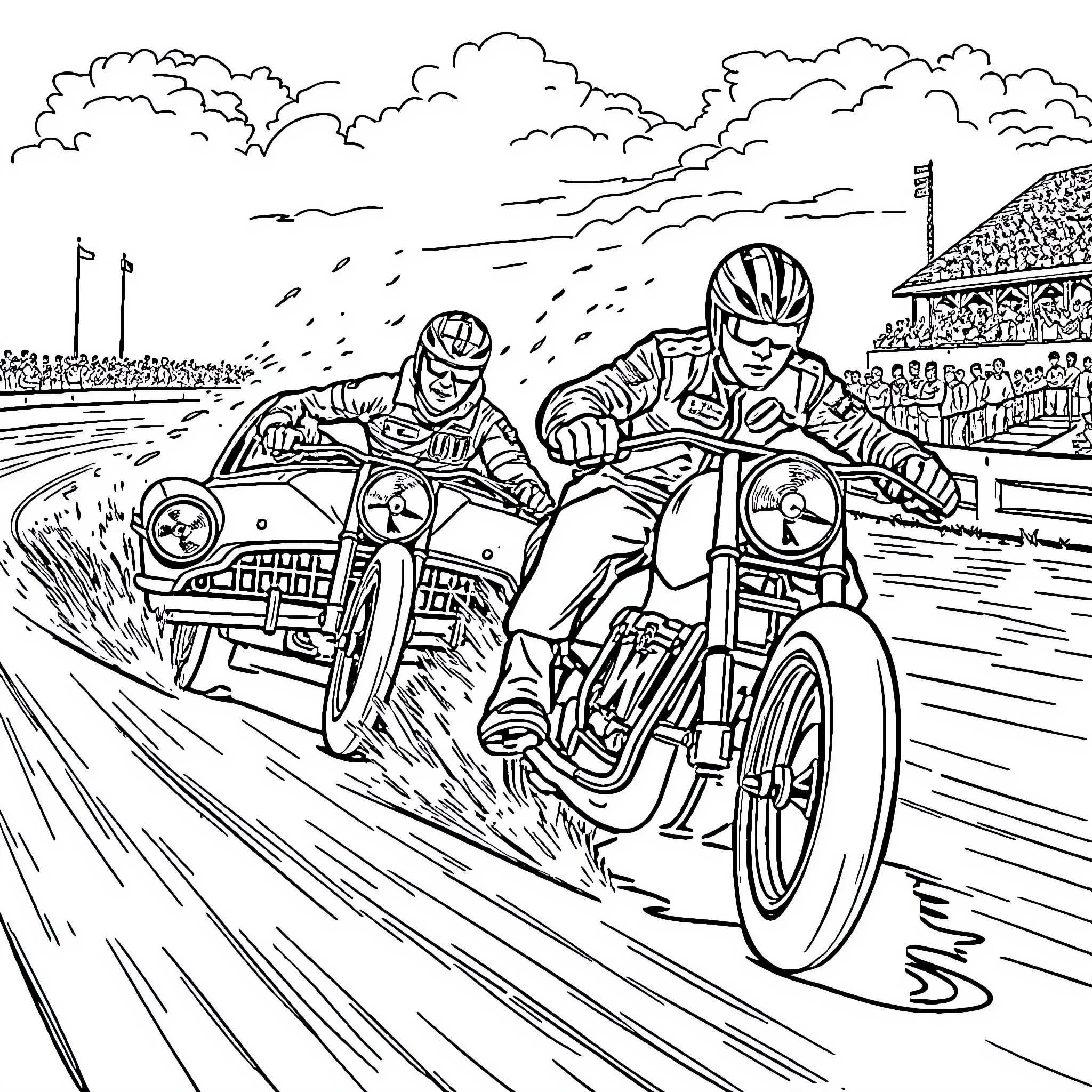 Doc Hudson racing motorcycles on the track Coloring Page (free black-and-white line drawing printable PDF for all, from beginners to advanced learners, including children, teens, adults, and seniors)