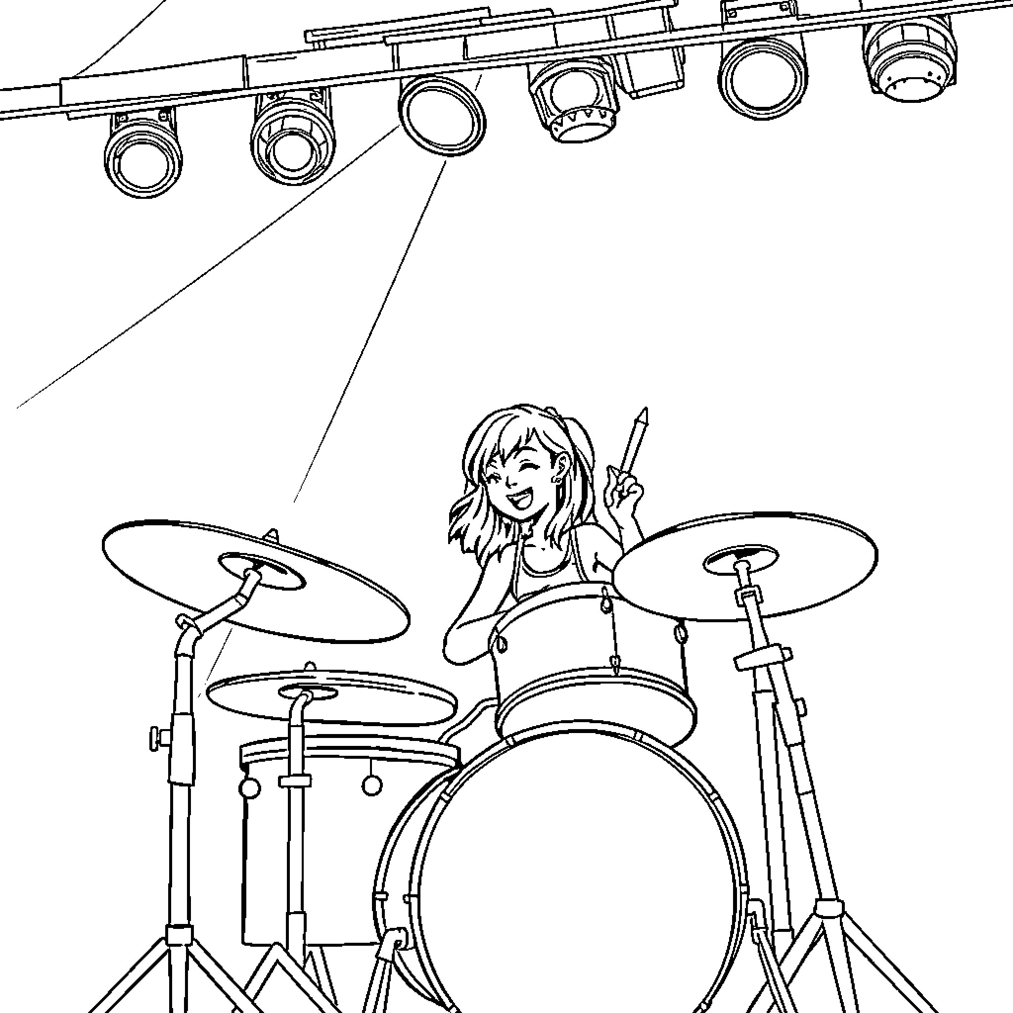 Girl playing drums on stage with spotlights Coloring Page (free black-and-white line drawing printable PDF for all, from beginners to advanced learners, including children, teens, adults, and seniors)