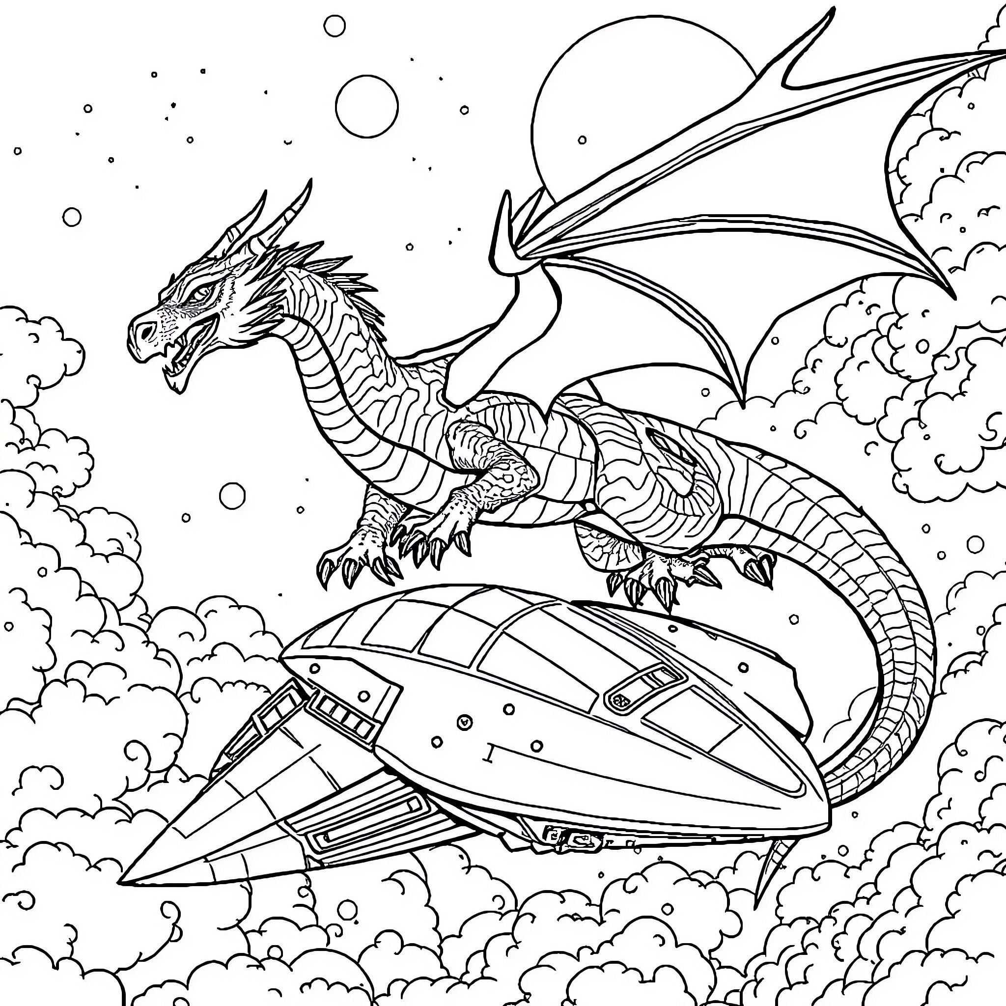 Dragon soaring through the cosmic skies Coloring Page (free black-and-white line drawing printable PDF for all, from beginners to advanced learners, including children, teens, adults, and seniors)