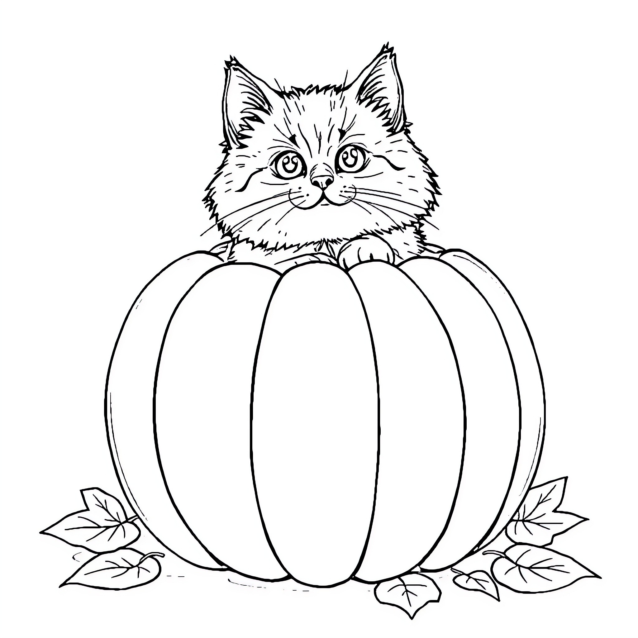 Cat peeking out from pumpkin Coloring Page (free black-and-white line drawing printable PDF for all, from beginners to advanced learners, including children, teens, adults, and seniors)