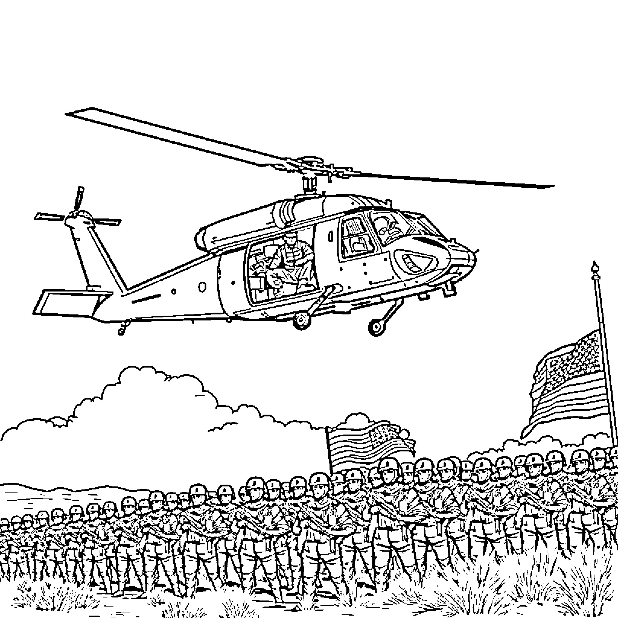 Army Man Helicopter Flies Over Soldiers on the Ground Coloring Page (free black-and-white line drawing printable PDF for all, from beginners to advanced learners, including children, teens, adults, and seniors)