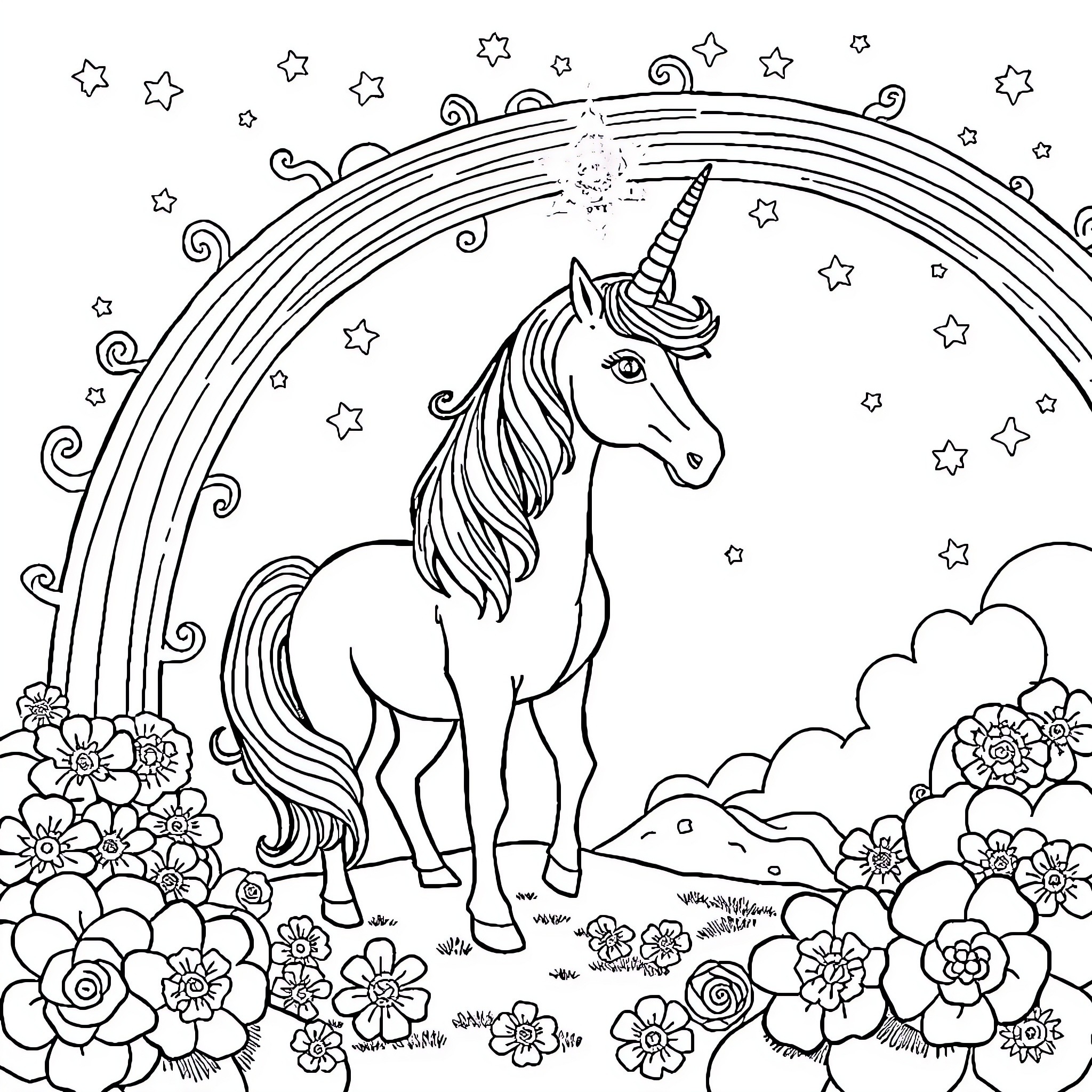 Unicorn standing amidst floral landscape and starry sky Coloring Page (free black-and-white line drawing printable PDF for all, from beginners to advanced learners, including children, teens, adults, and seniors)