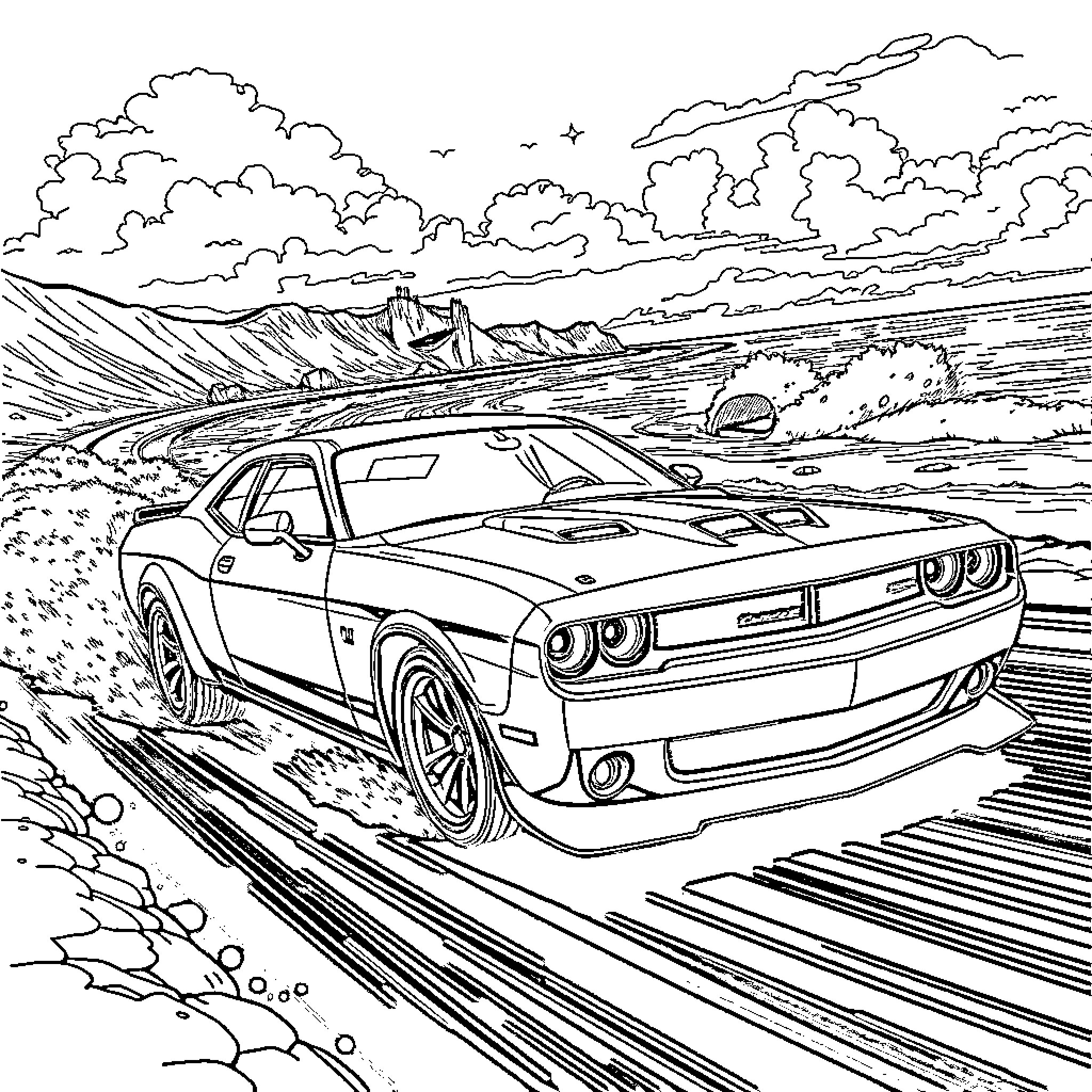 Muscle Car racing through rugged mountain landscape Coloring Page (free black-and-white line drawing printable PDF for all, from beginners to advanced learners, including children, teens, adults, and seniors)