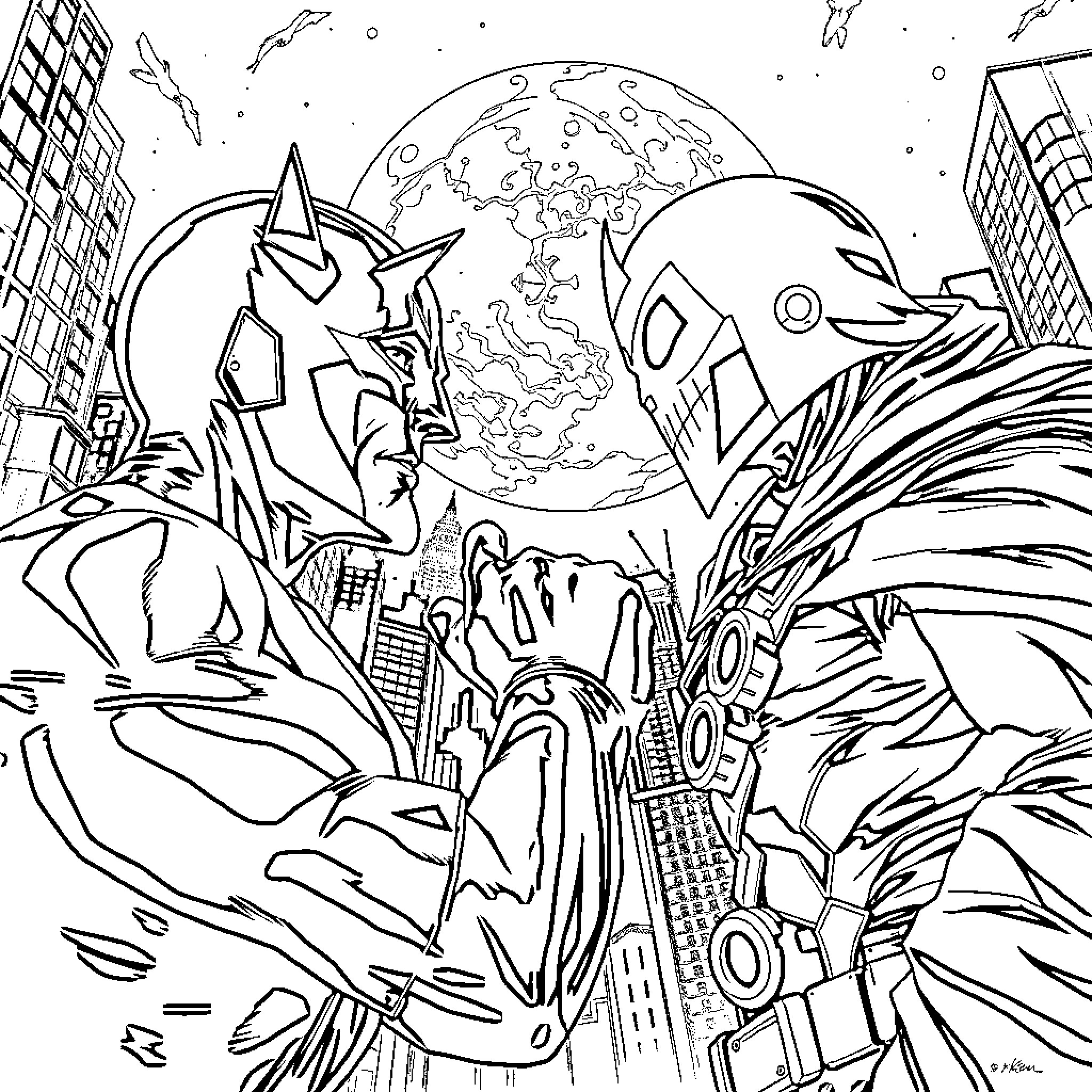 Daredevil heroes in action-packed cityscape Coloring Page (free black-and-white line drawing printable PDF for all, from beginners to advanced learners, including children, teens, adults, and seniors)