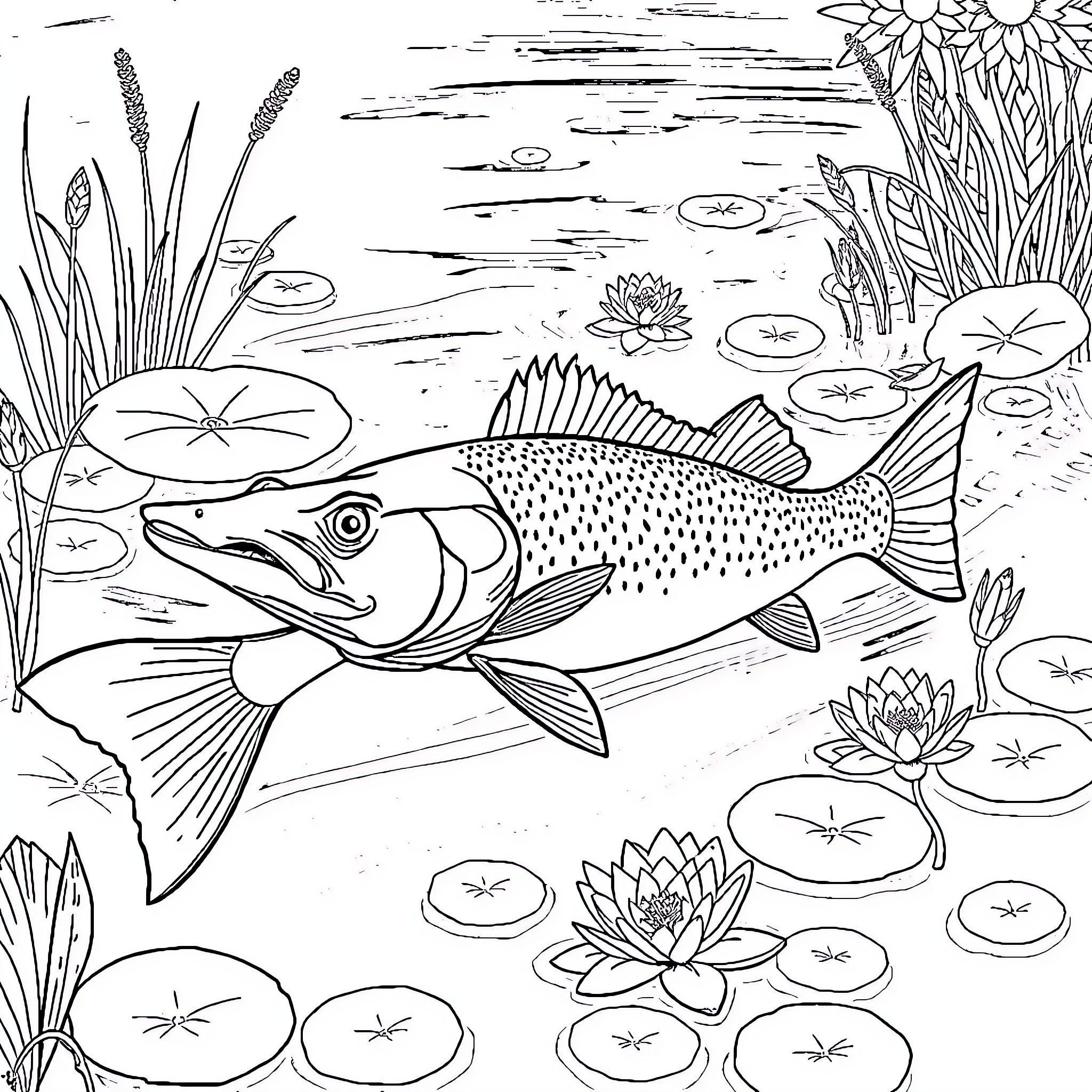 Pike swimming amid lush pond scenery Coloring Page (free black-and-white line drawing printable PDF for all, from beginners to advanced learners, including children, teens, adults, and seniors)