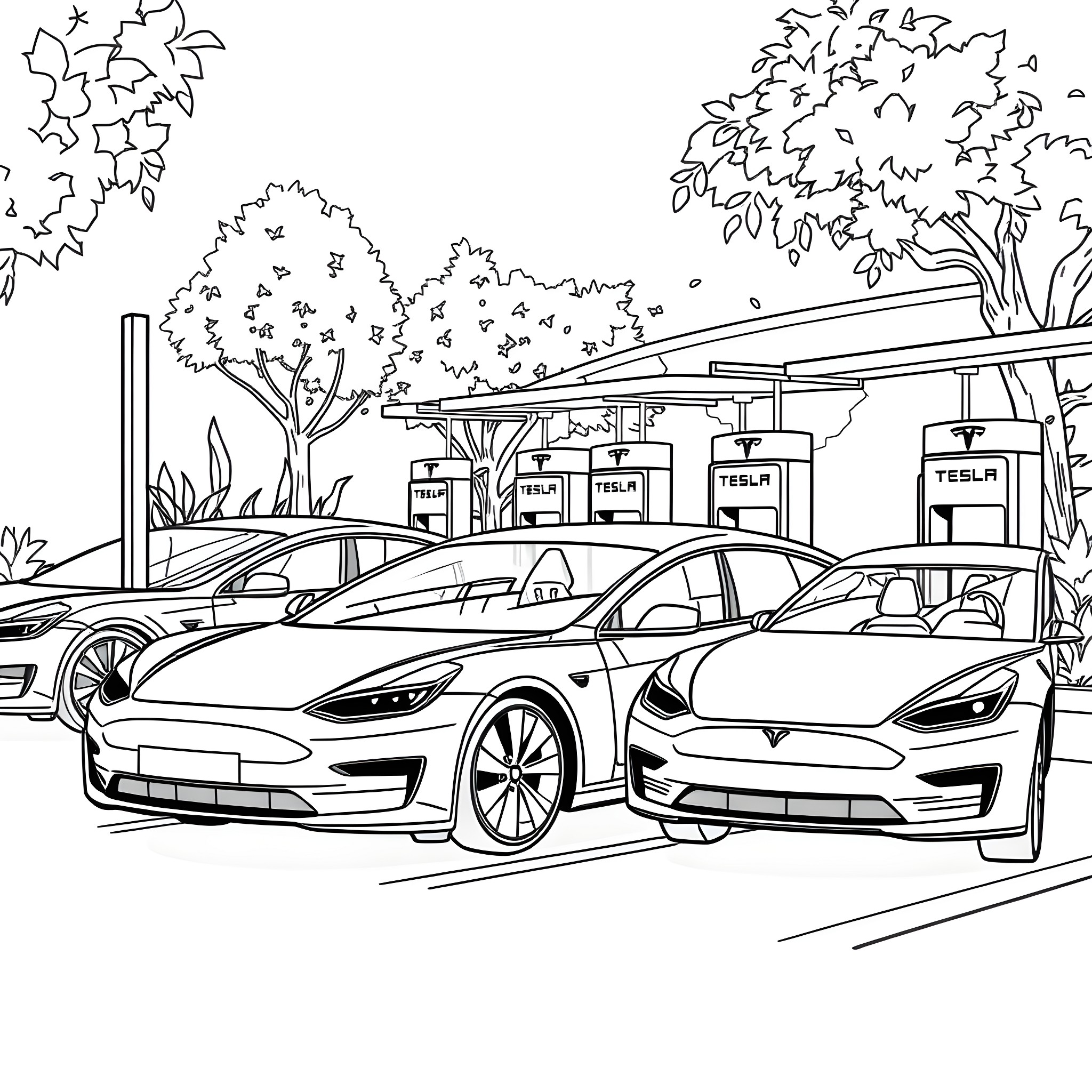 Tesla electric vehicles at a charging station Coloring Page (free black-and-white line drawing printable PDF for all, from beginners to advanced learners, including children, teens, adults, and seniors)