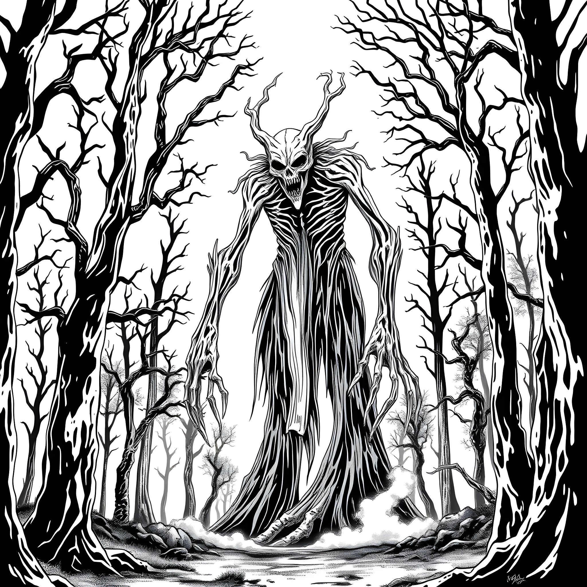 Siren Head looming in the eerie, dark forest Coloring Page (free black-and-white line drawing printable PDF for all, from beginners to advanced learners, including children, teens, adults, and seniors)