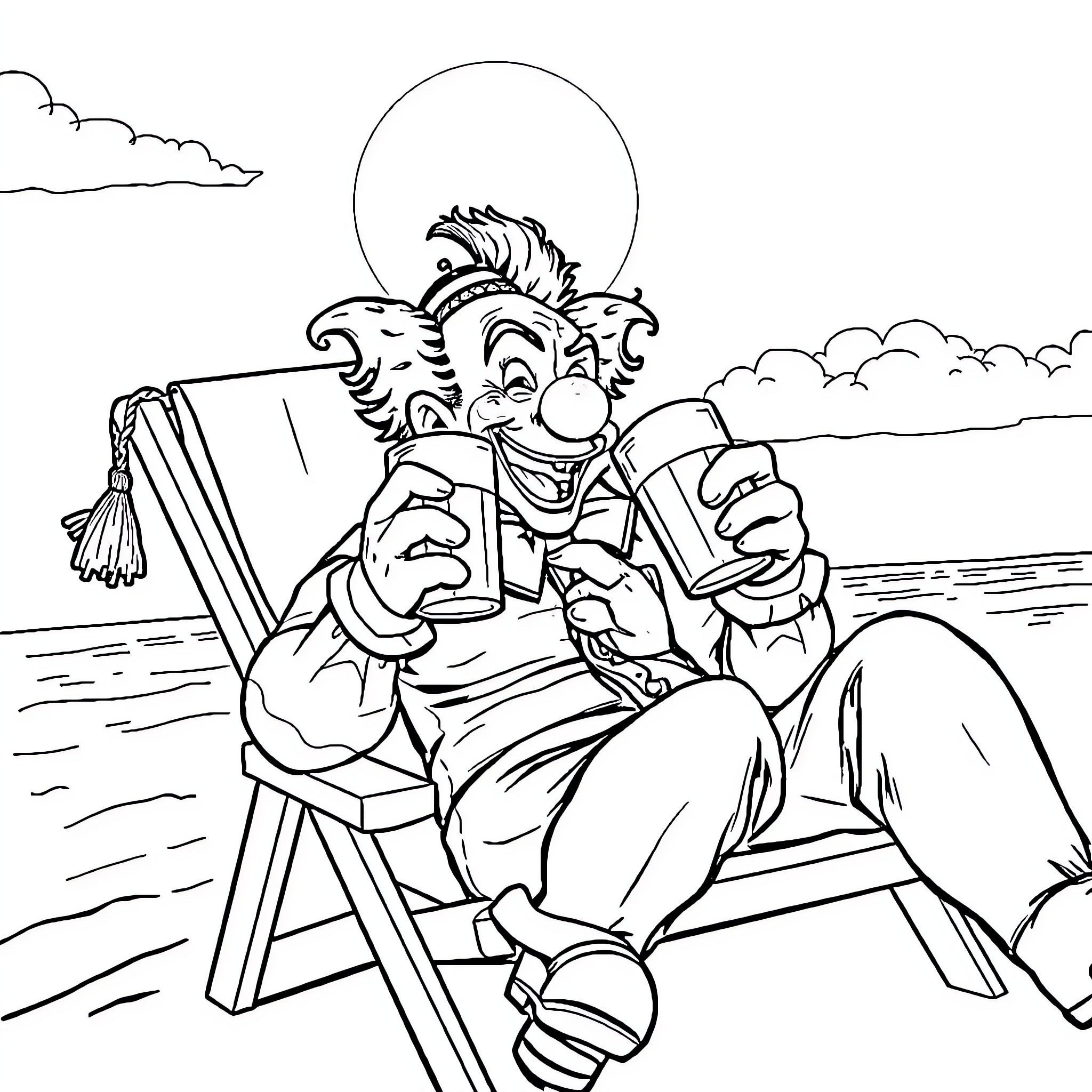 Clown relaxing and reading a book by the ocean Coloring Page (free black-and-white line drawing printable PDF for all, from beginners to advanced learners, including children, teens, adults, and seniors)