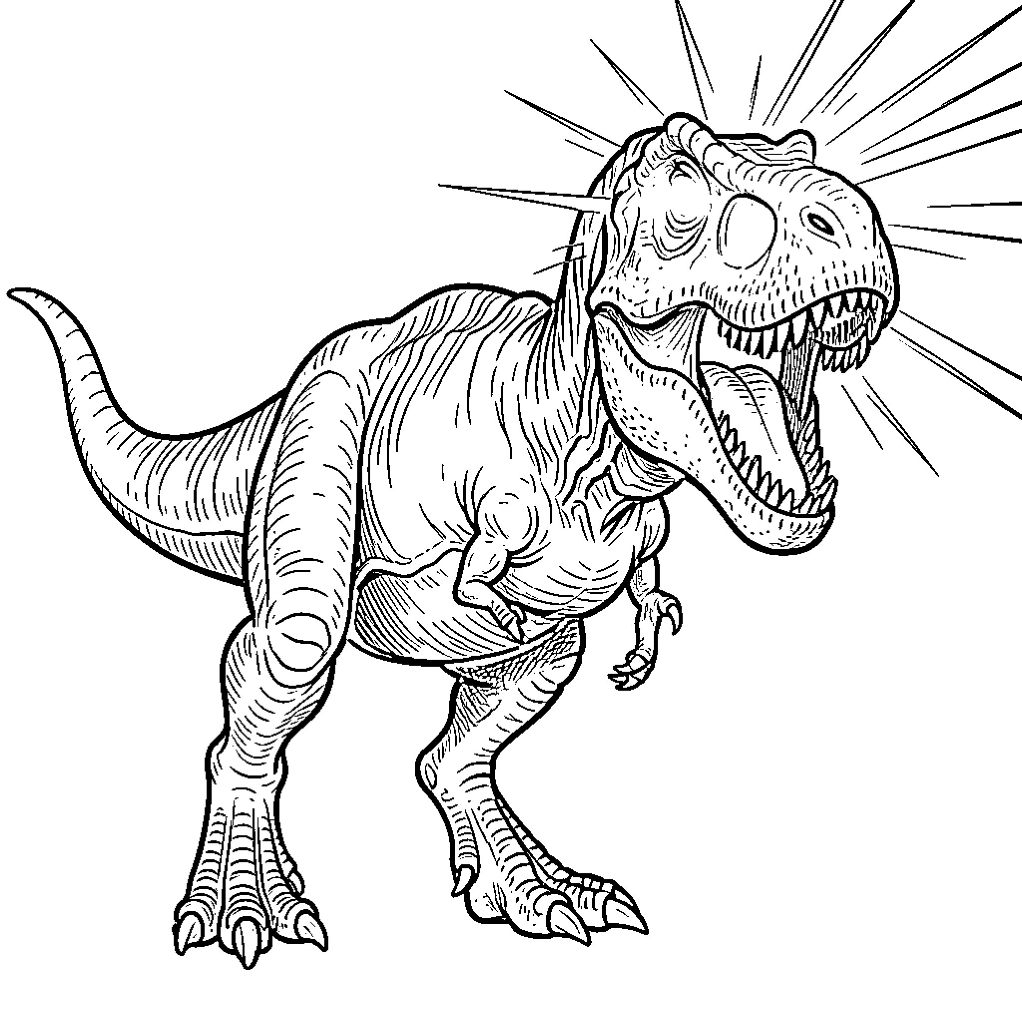 T-Rex Roaring Fiercely Coloring Page (free black-and-white line drawing printable PDF for all, from beginners to advanced learners, including children, teens, adults, and seniors)