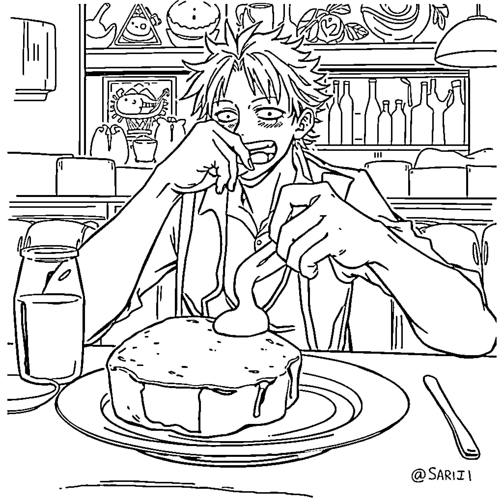 Sanji Enjoying a Delicious Meal in the Kitchen Coloring Page (free black-and-white line drawing printable PDF for all, from beginners to advanced learners, including children, teens, adults, and seniors)