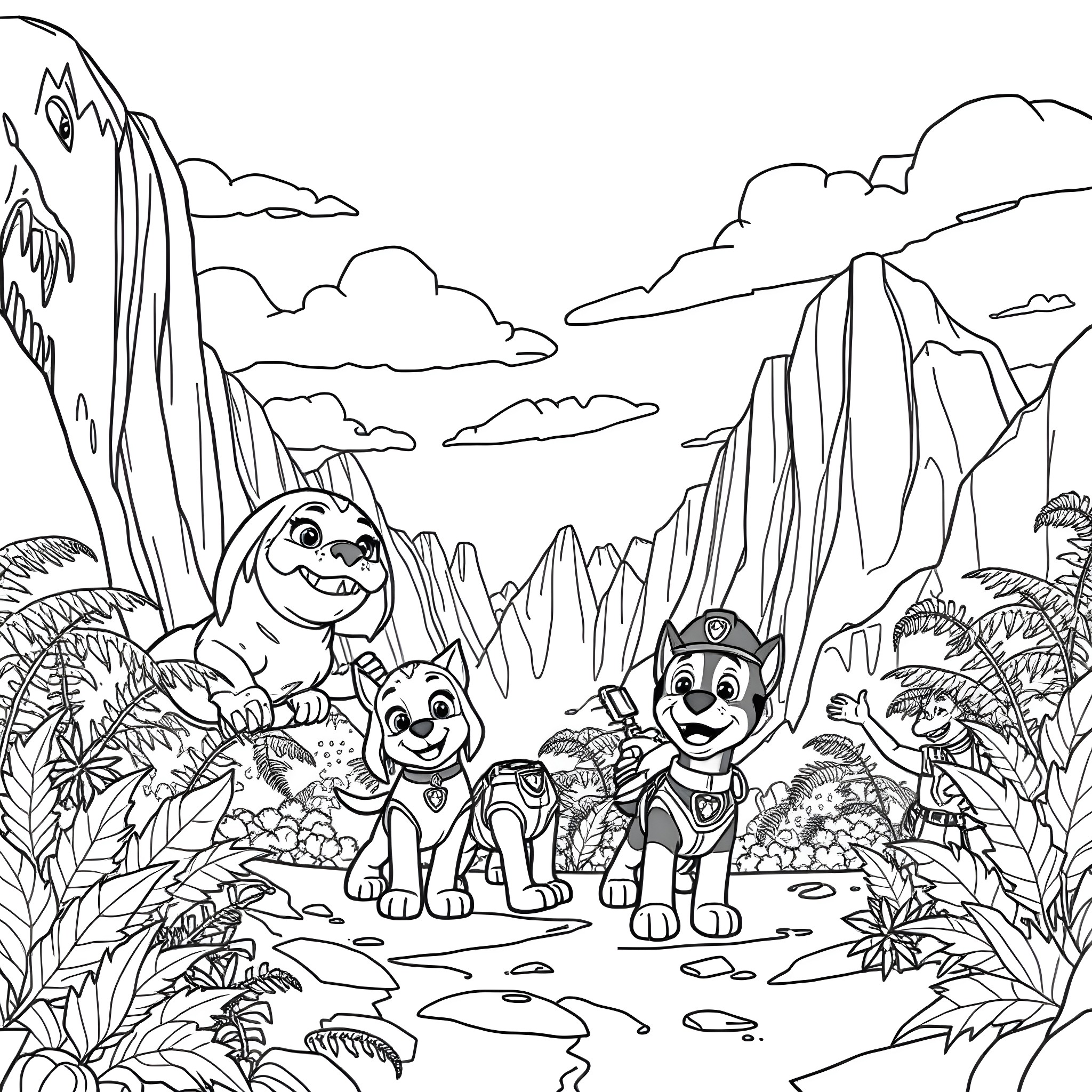 Paw Patrol characters exploring a scenic mountain landscape Coloring Page (free black-and-white line drawing printable PDF for all, from beginners to advanced learners, including children, teens, adults, and seniors)