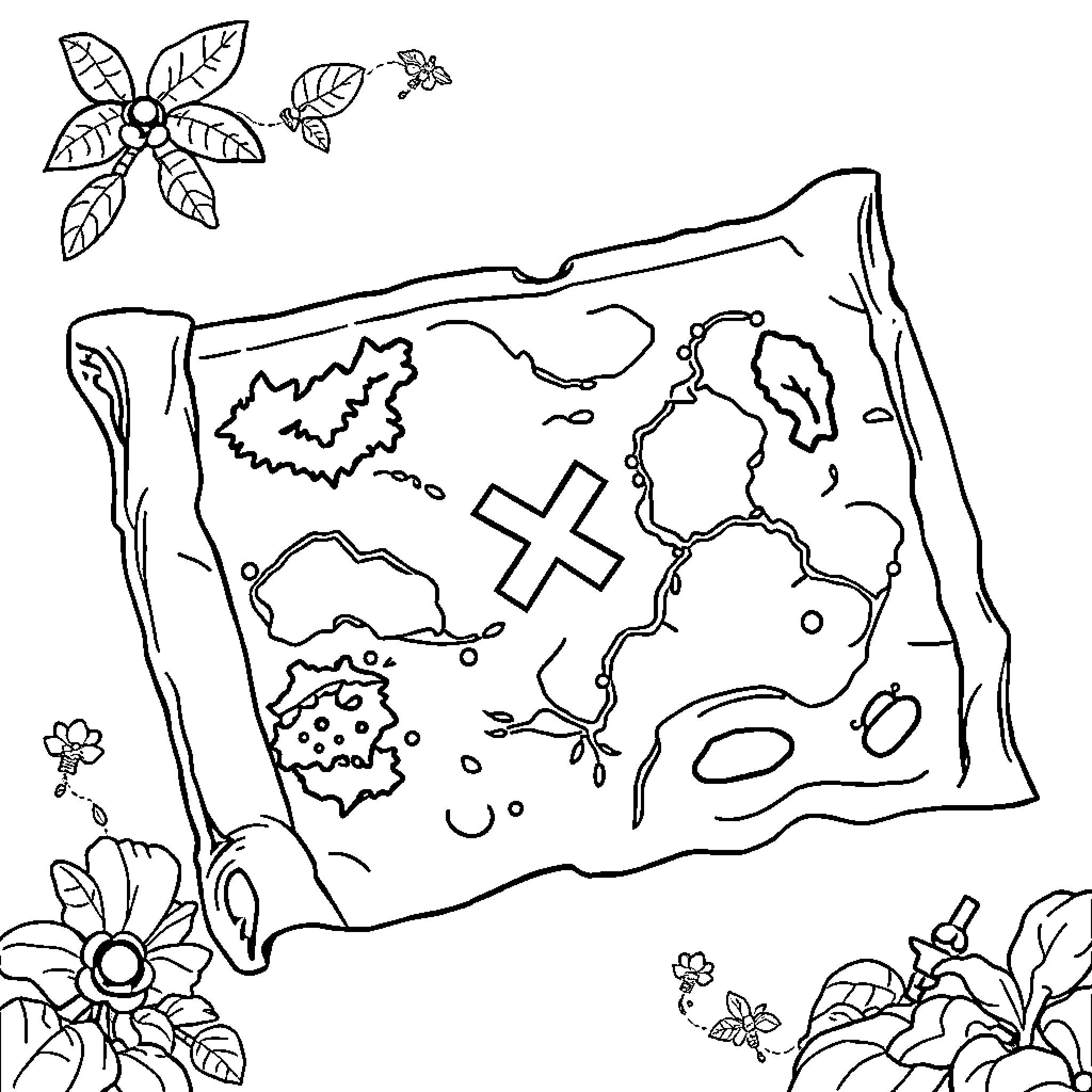 Treasure Map of Mysterious Wilderness Coloring Page (free black-and-white line drawing printable PDF for all, from beginners to advanced learners, including children, teens, adults, and seniors)
