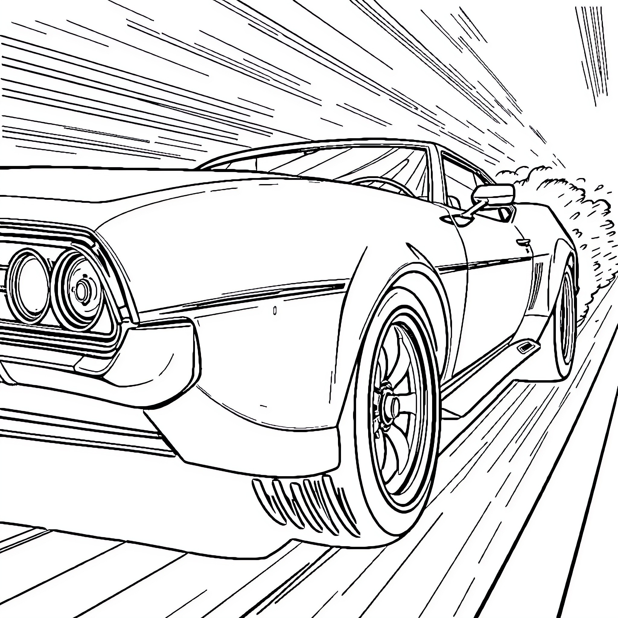 Car speeding down the road with motion blur Coloring Page (free black-and-white line drawing printable PDF for all, from beginners to advanced learners, including children, teens, adults, and seniors)