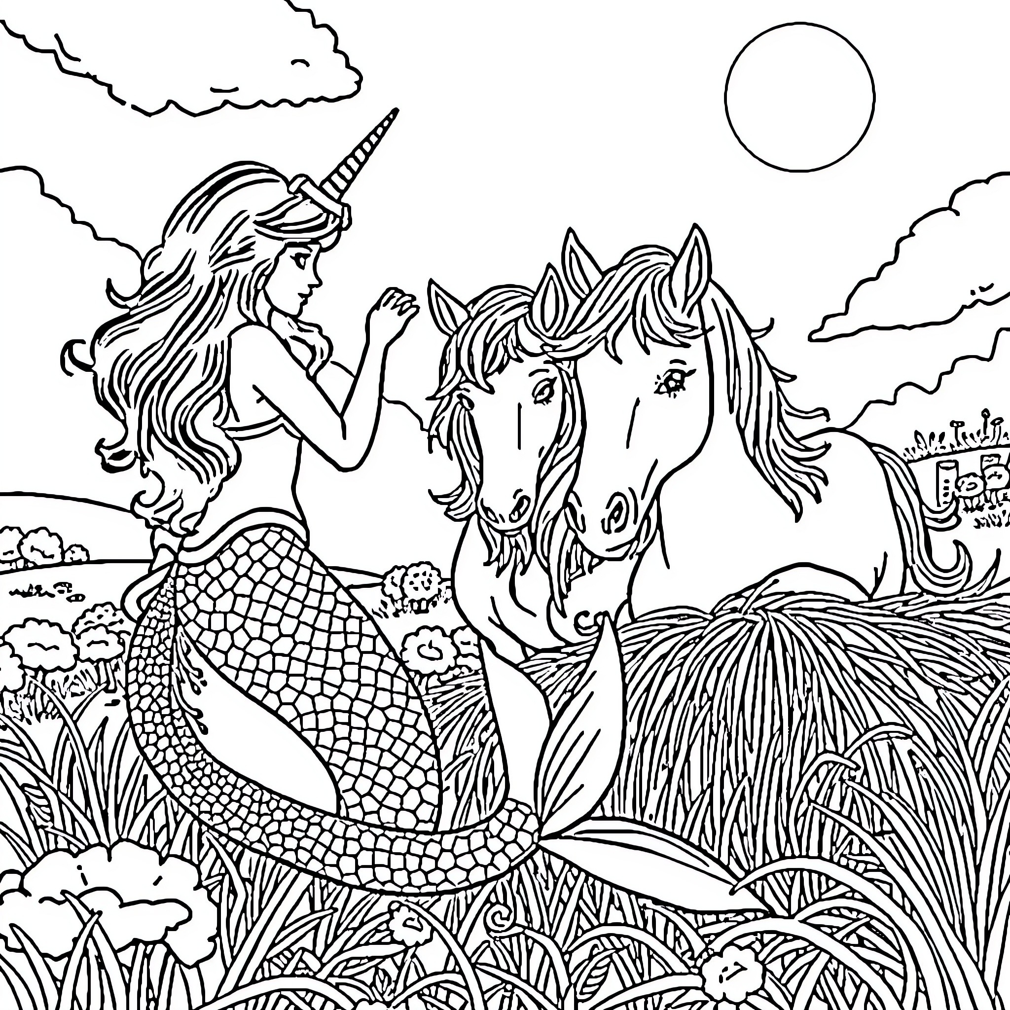 Mermaid and unicorns in a fantasy landscape Coloring Page (free black-and-white line drawing printable PDF for all, from beginners to advanced learners, including children, teens, adults, and seniors)