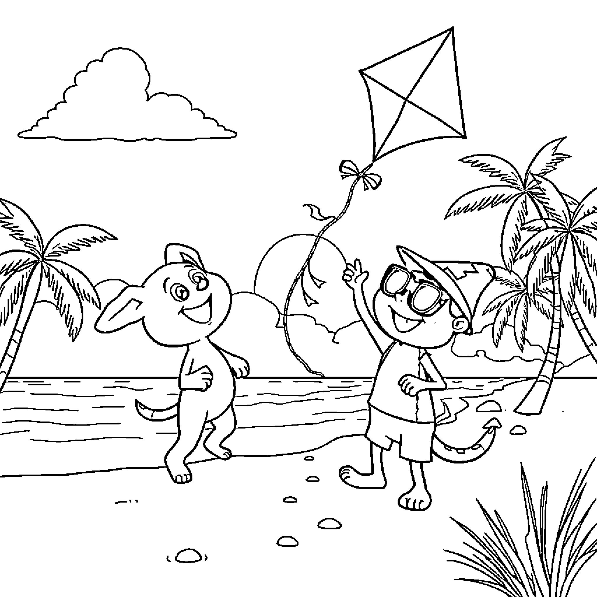 Bluey and friends play on the beach with a kite Coloring Page (free black-and-white line drawing printable PDF for all, from beginners to advanced learners, including children, teens, adults, and seniors)