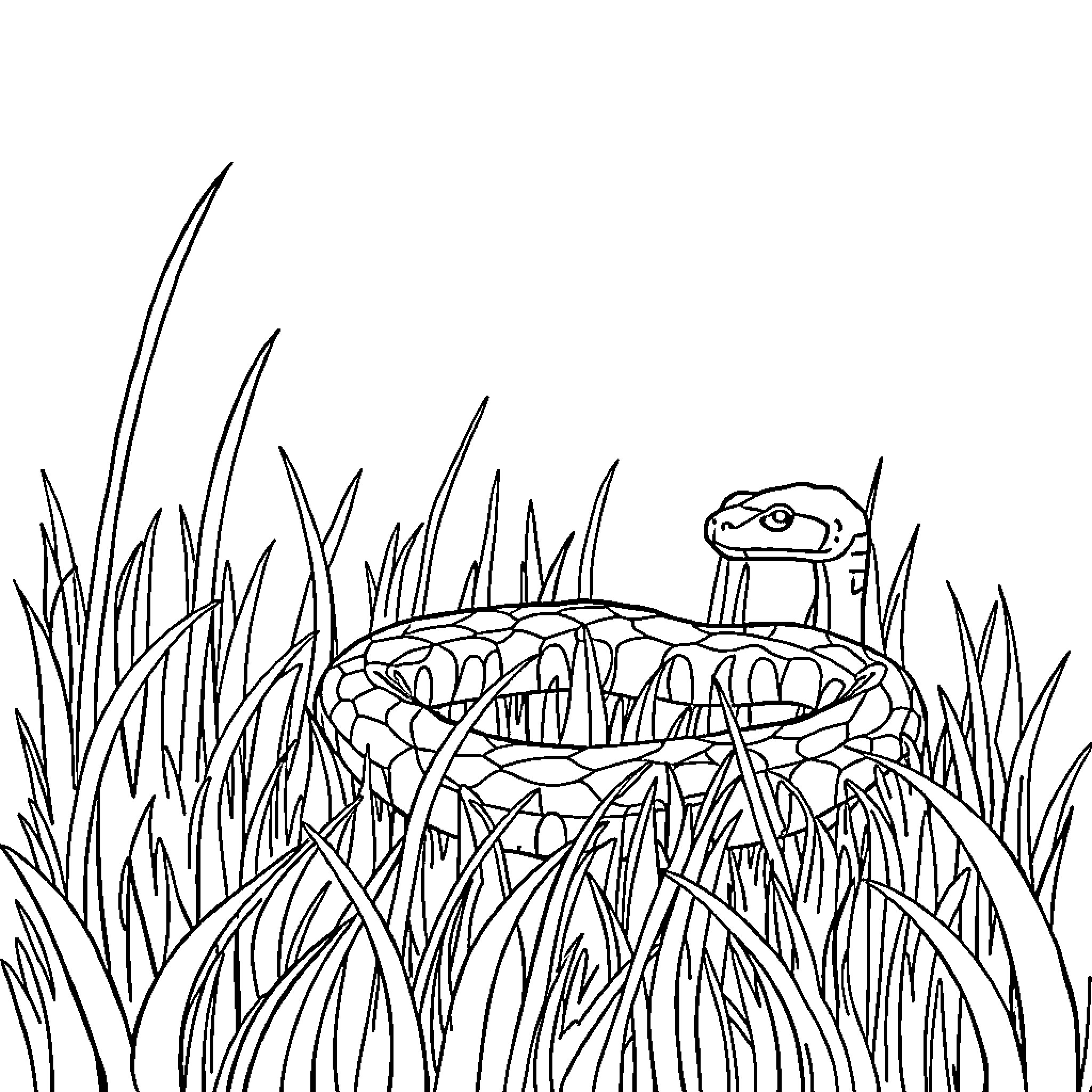 Snake slithering through tall grass field Coloring Page (free black-and-white line drawing printable PDF for all, from beginners to advanced learners, including children, teens, adults, and seniors)