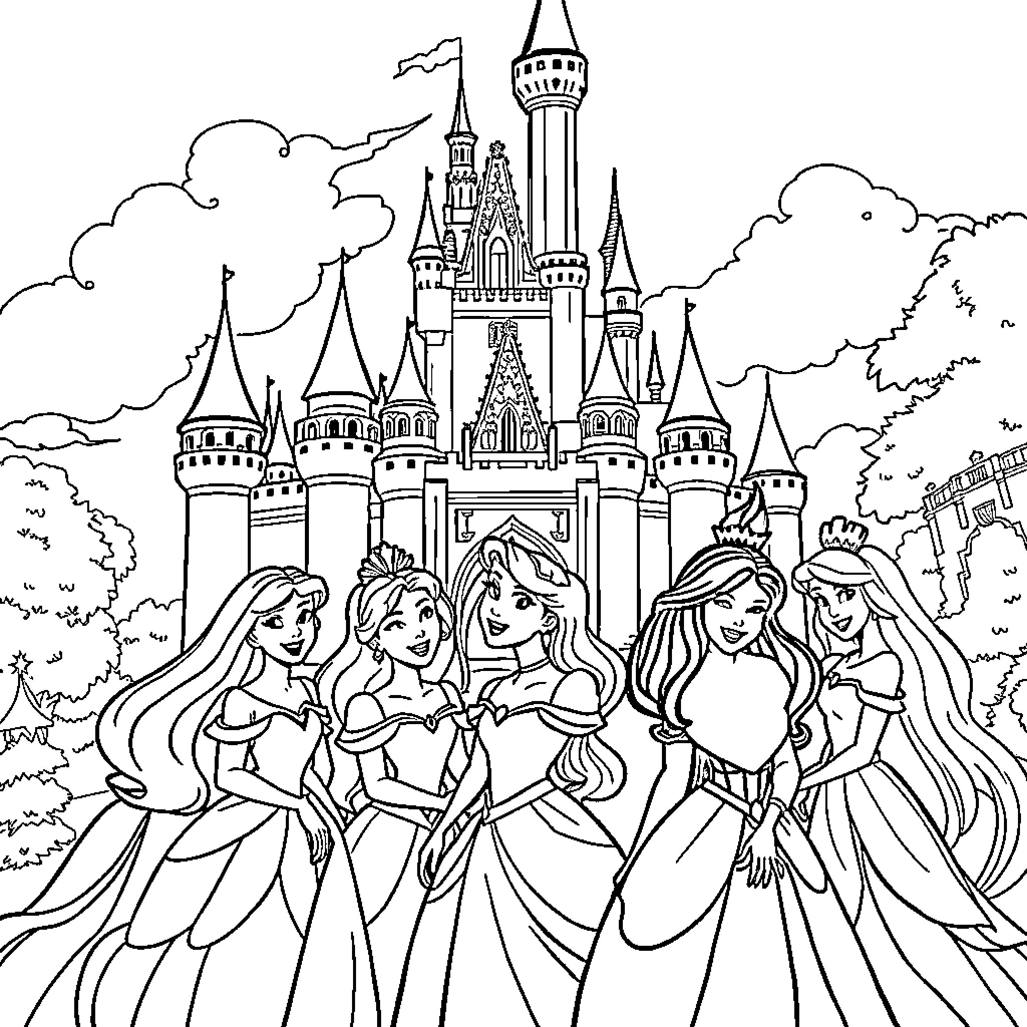 Disney Princesses Gathered at the Castle Coloring Page (free black-and-white line drawing printable PDF for all, from beginners to advanced learners, including children, teens, adults, and seniors)