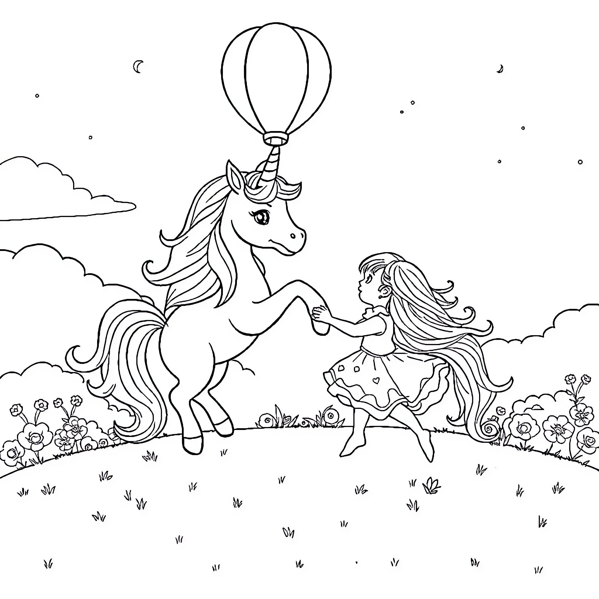 Unicorn soaring with a girl in a flower field Coloring Page (free black-and-white line drawing printable PDF for all, from beginners to advanced learners, including children, teens, adults, and seniors)