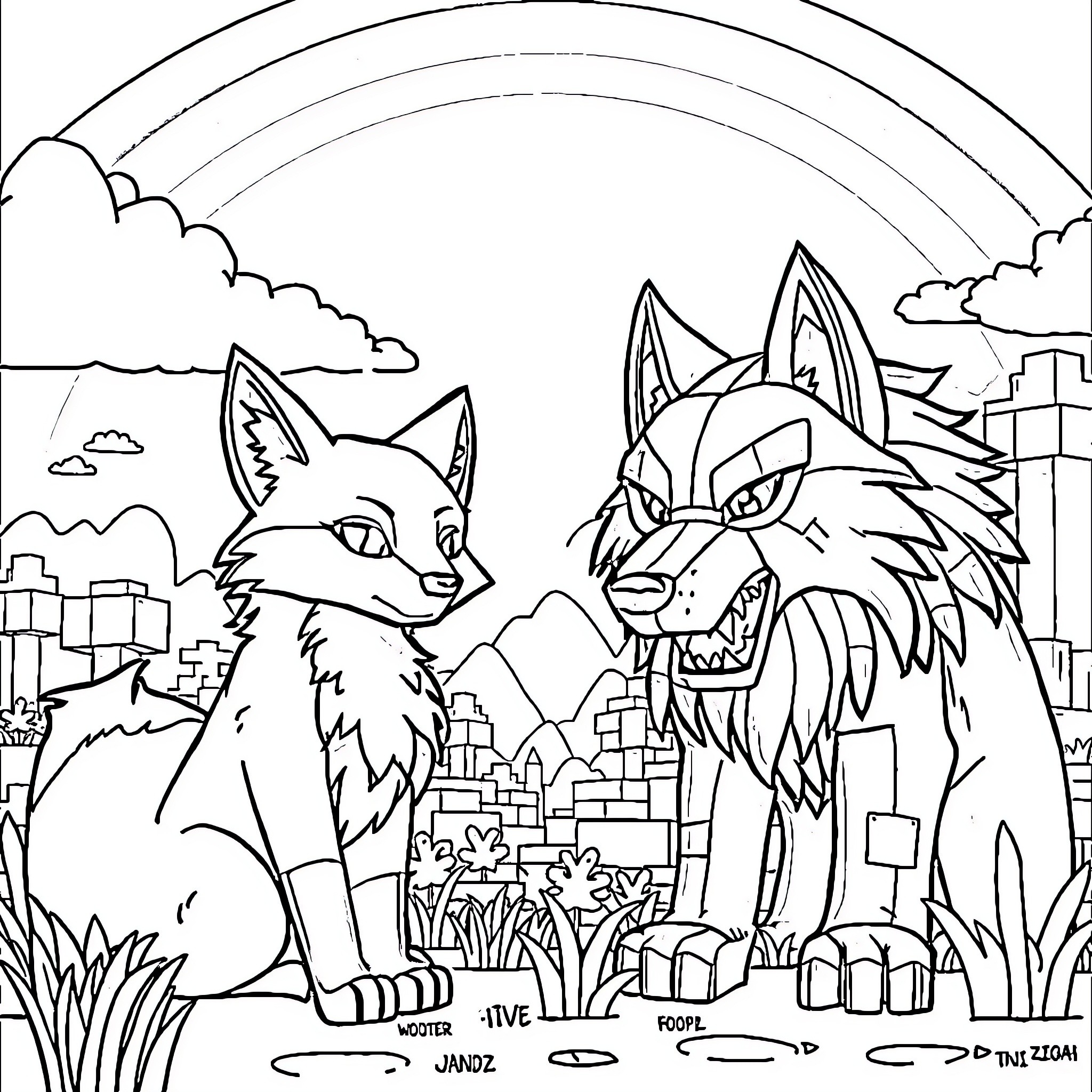 Fox friends exploring the city under a rainbow Coloring Page (free black-and-white line drawing printable PDF for all, from beginners to advanced learners, including children, teens, adults, and seniors)