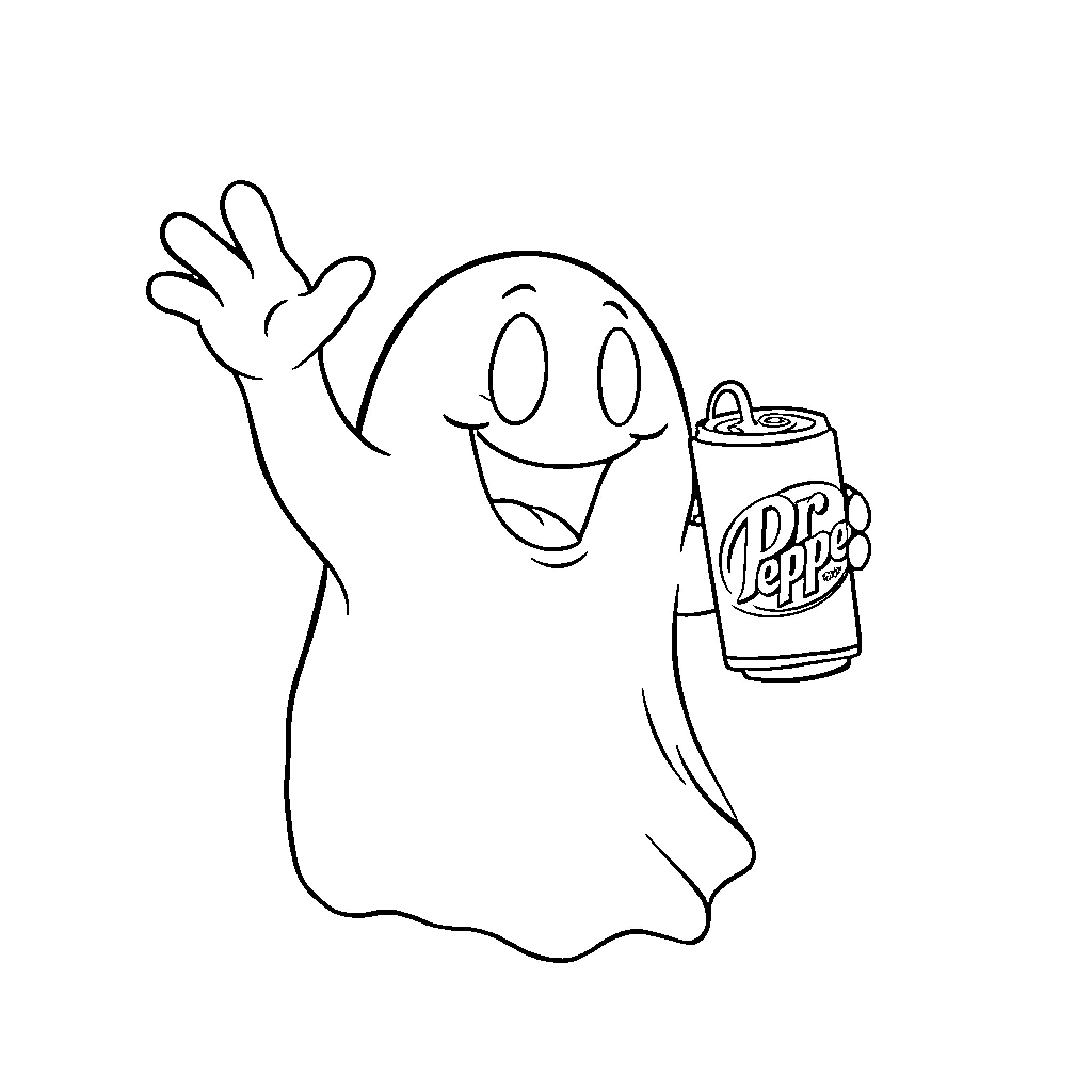 Ghost happily waving and holding a soda can Coloring Page (free black-and-white line drawing printable PDF for all, from beginners to advanced learners, including children, teens, adults, and seniors)