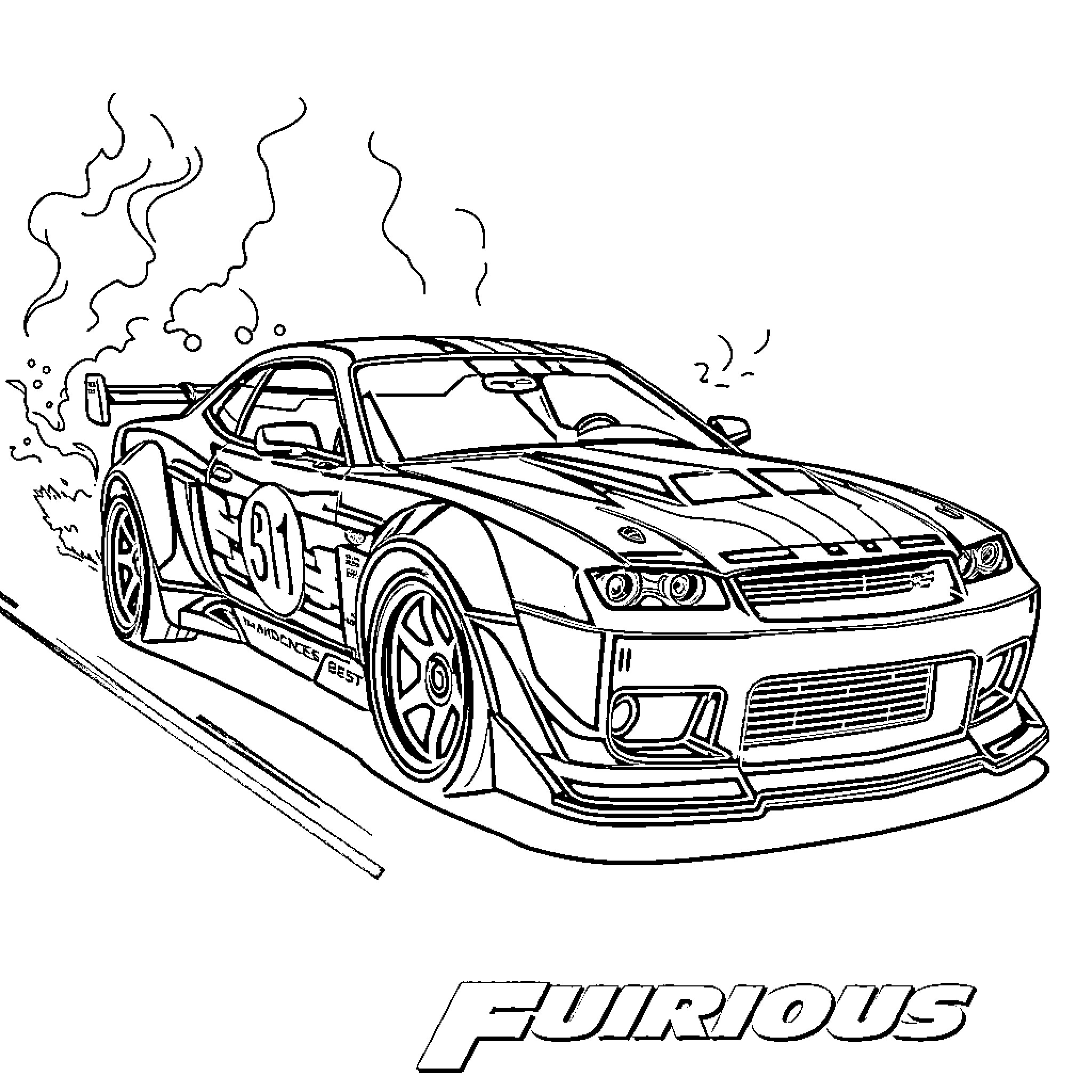 Hot Wheels racing car in high-speed action Coloring Page (free black-and-white line drawing printable PDF for all, from beginners to advanced learners, including children, teens, adults, and seniors)