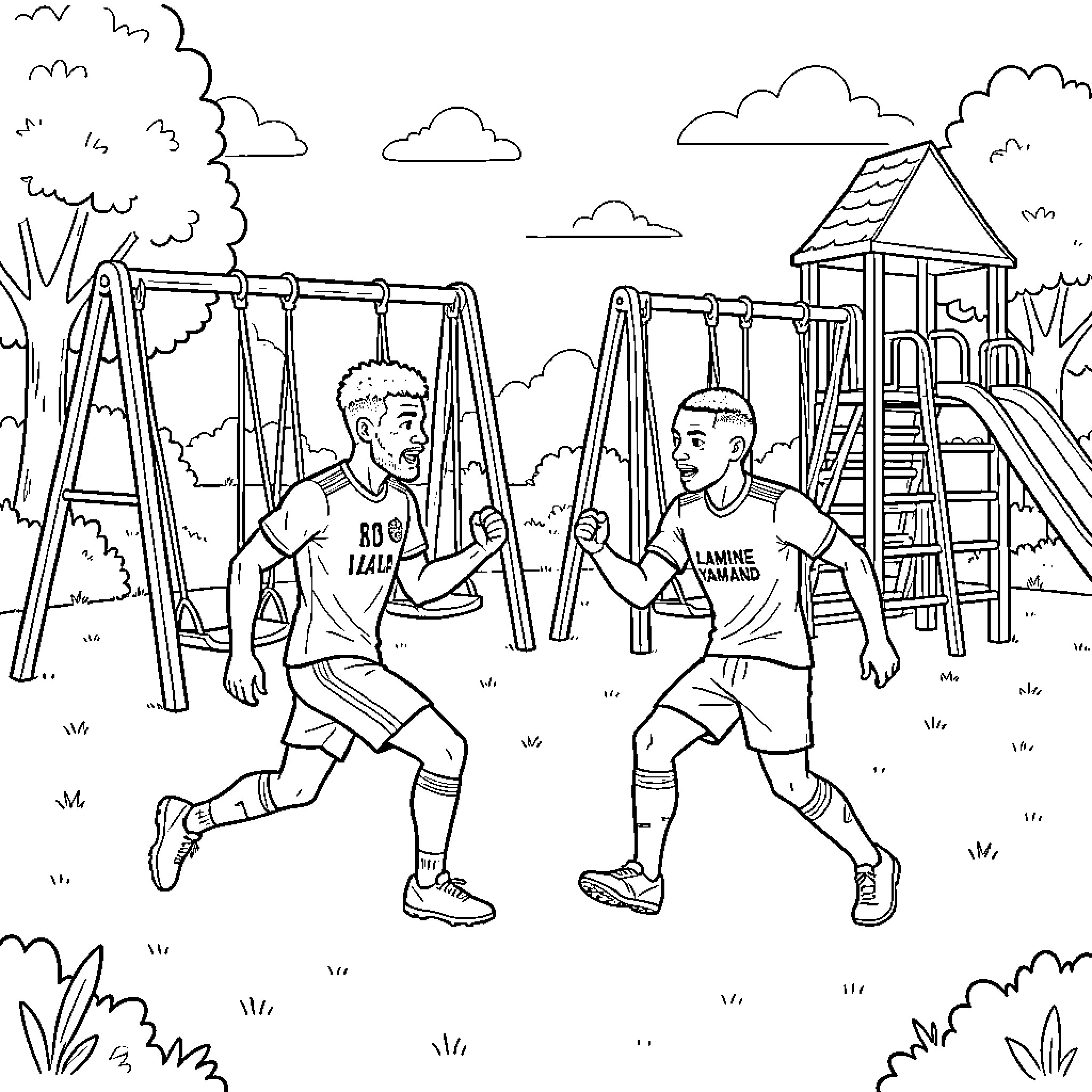 Haaland playing soccer with a friend at a playground Coloring Page (free black-and-white line drawing printable PDF for all, from beginners to advanced learners, including children, teens, adults, and seniors)